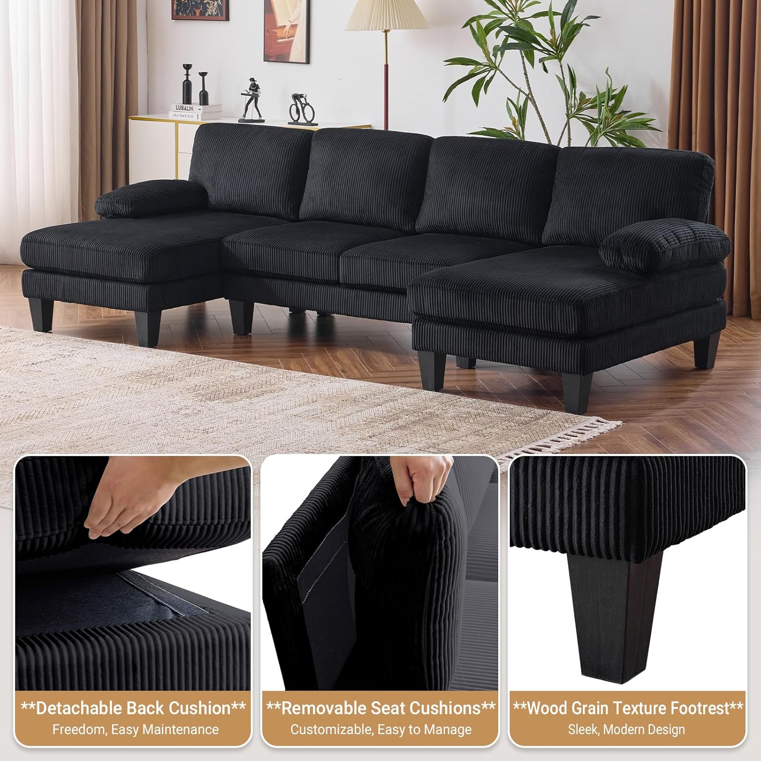 VINGLI 110 Sectional Couch U Shaped Sofa Set with Double Chaise Chenille Fabric