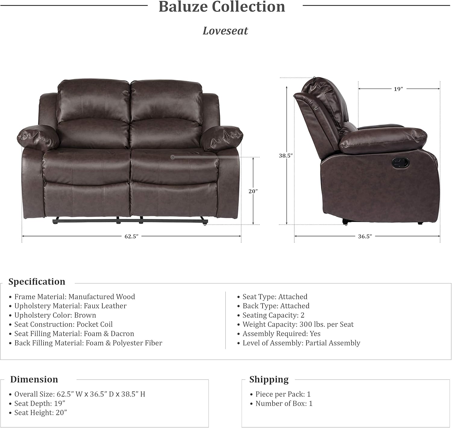 Lexicon Loveseat Recliner Double Sofa Manual Pull Tab Faux Leather Living Room