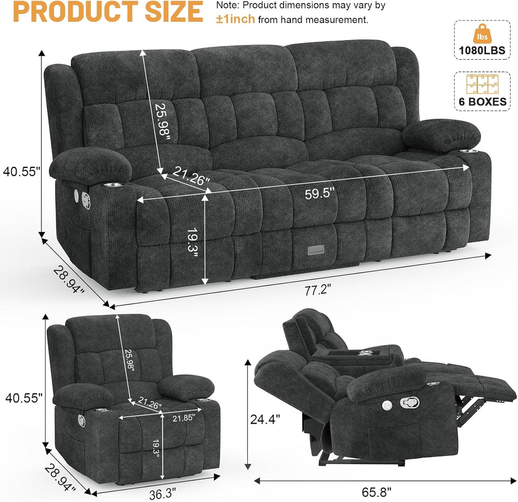 Dresegmt Loveseat Recliner Sofa 3 Seat Flip Backrest with Storage USB Cup Holders