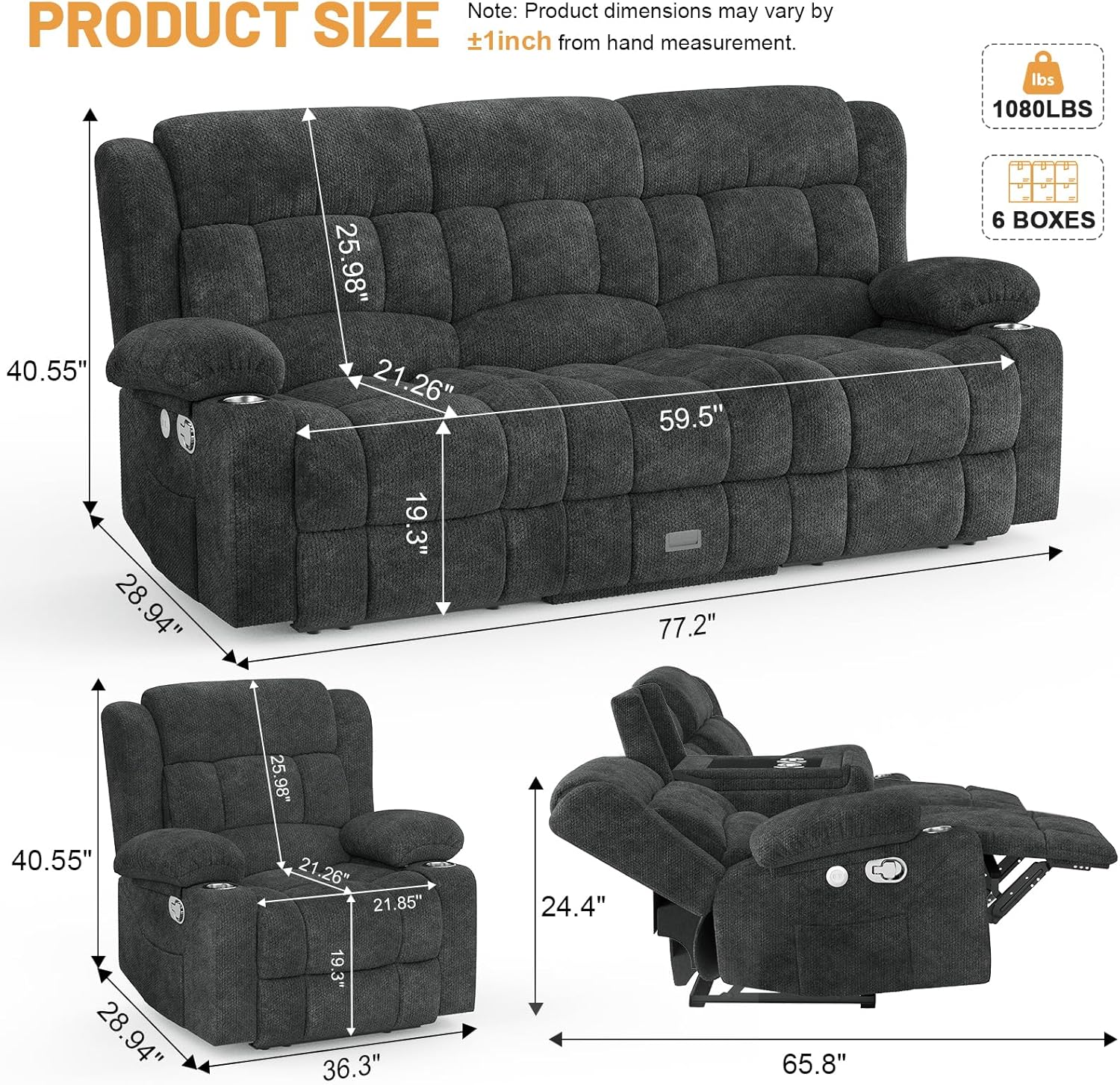 Dresegmt Loveseat Recliner Sofa 3 Seat Flip Backrest with Storage USB Cup Holders