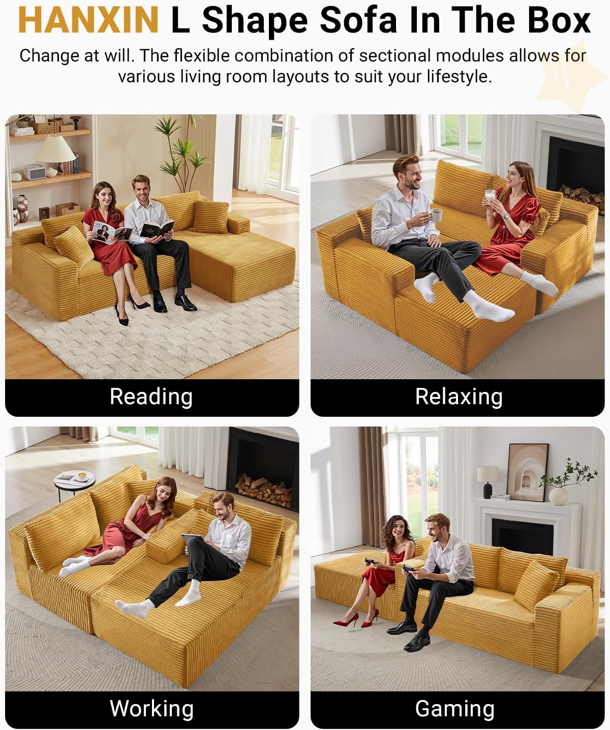 HANXIN Cloud Sectional Sofa L Shape Chaise Deep Seat Modular Living Room Couch
