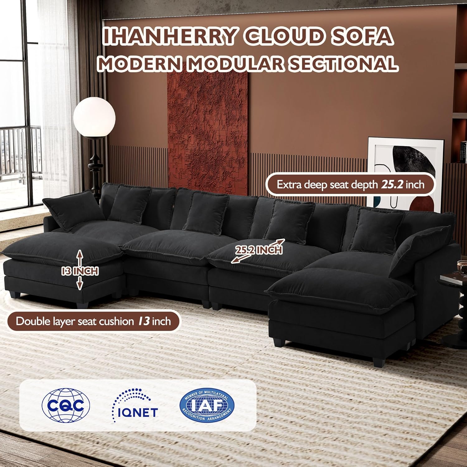 Ihanherry U Shaped Modular Cloud Sofa 5 Seat Chenille Sectional with Ottoman