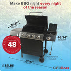 Cuisinart 4 Burner Propane Gas Grill Portable BBQ with Lid Wheels Side Shelves