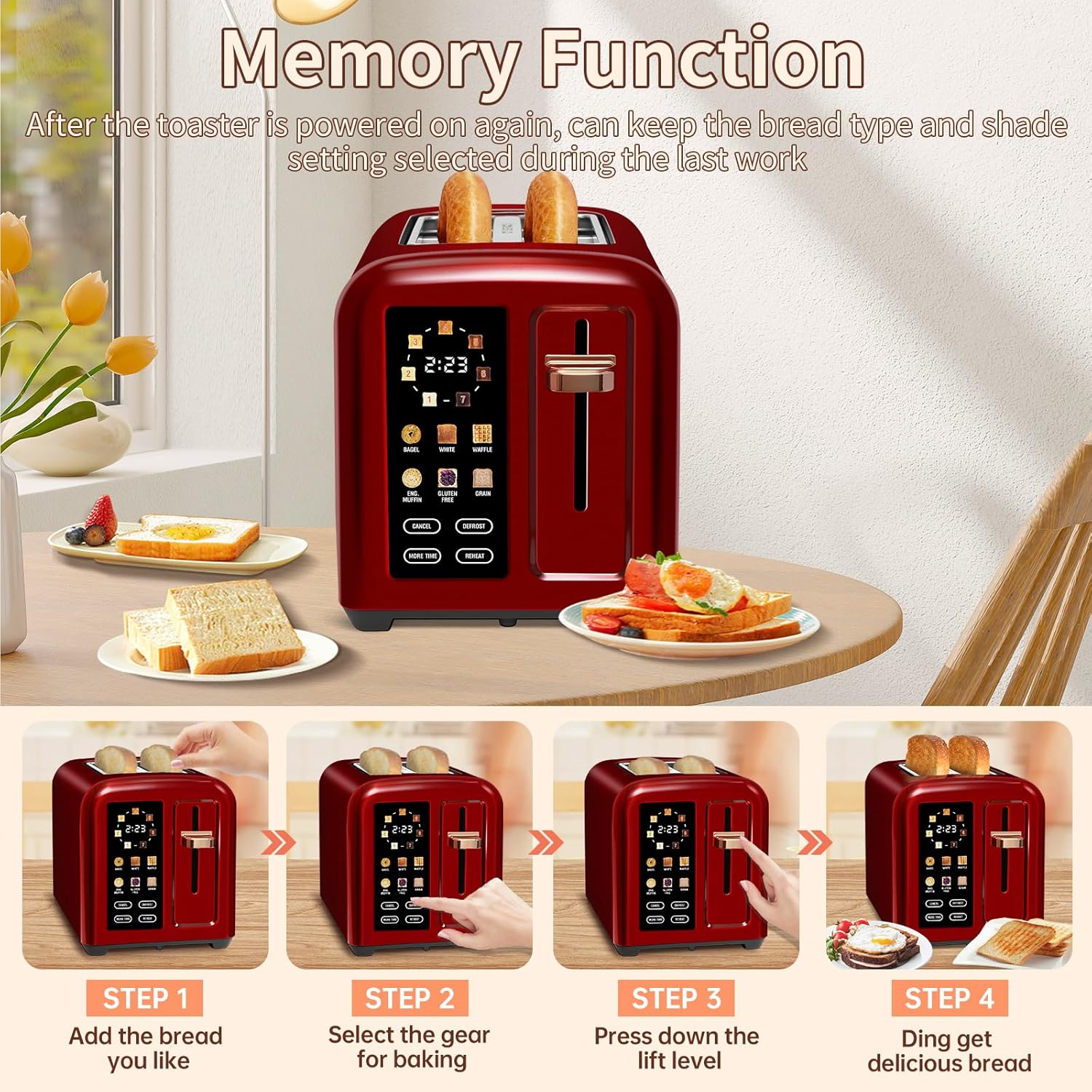SEEDEEM 4 Slice Touch Screen Toaster LCD Display 7 Shade Settings Wide Slots 1800W