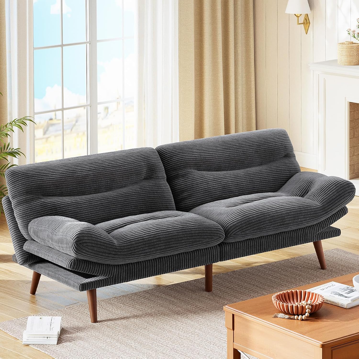 Marsail Futon Sofa Bed Convertible Corduroy Loveseat with Adjustable Backrest