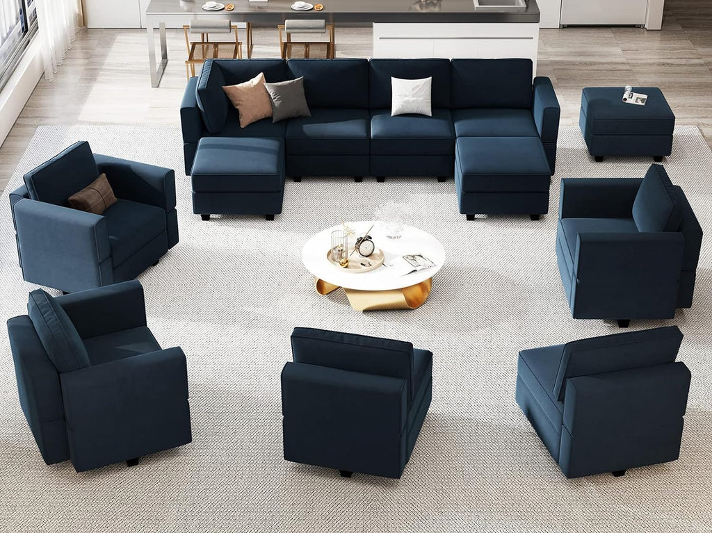Belffin Reversible Modular Sectional Sofa with Ottomans Velvet Sleeper Chaise Bed Storage Seat Black
