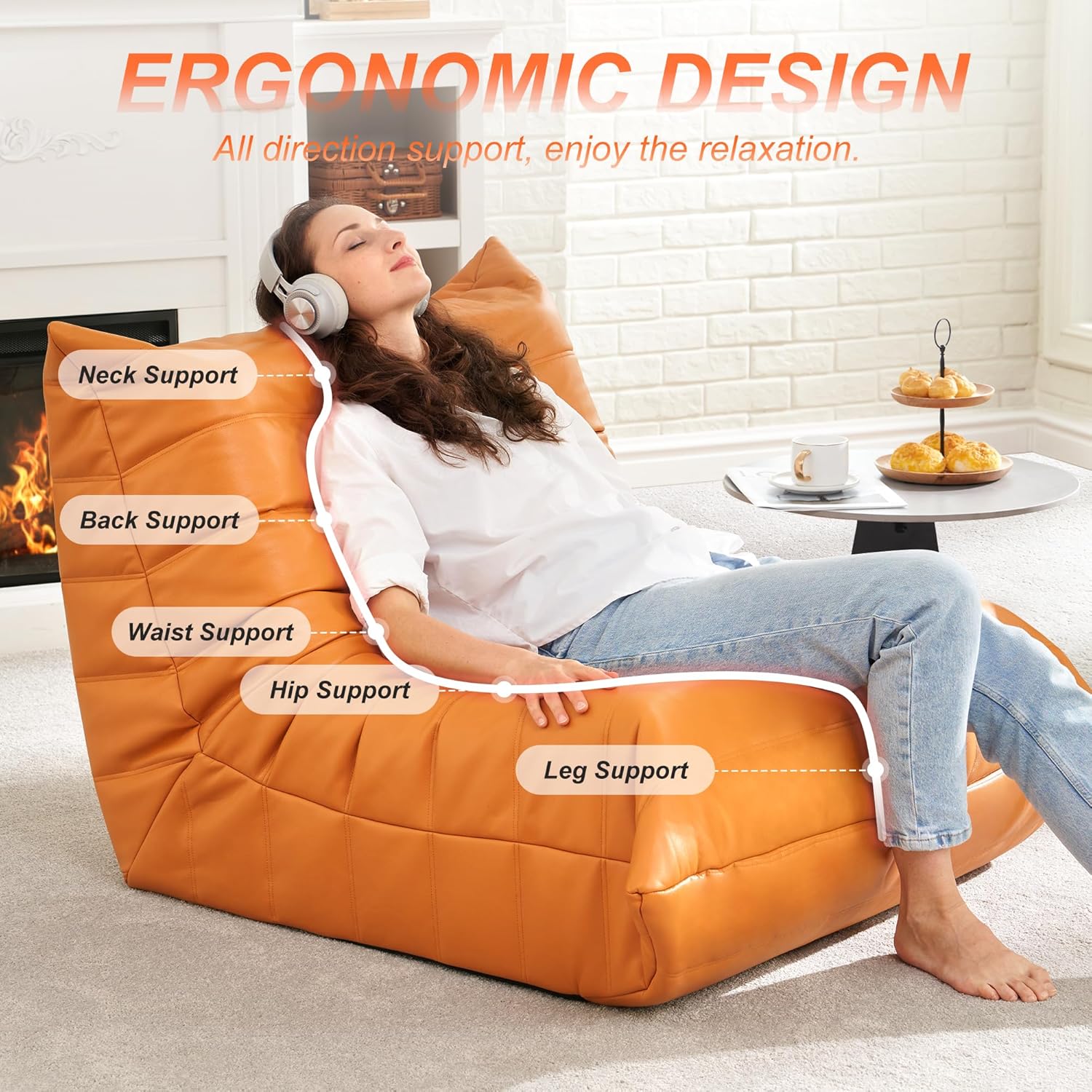 Hobestluk Giant Bean Bag Chair Memory Foam Faux Leather Floor Sofa for Adults