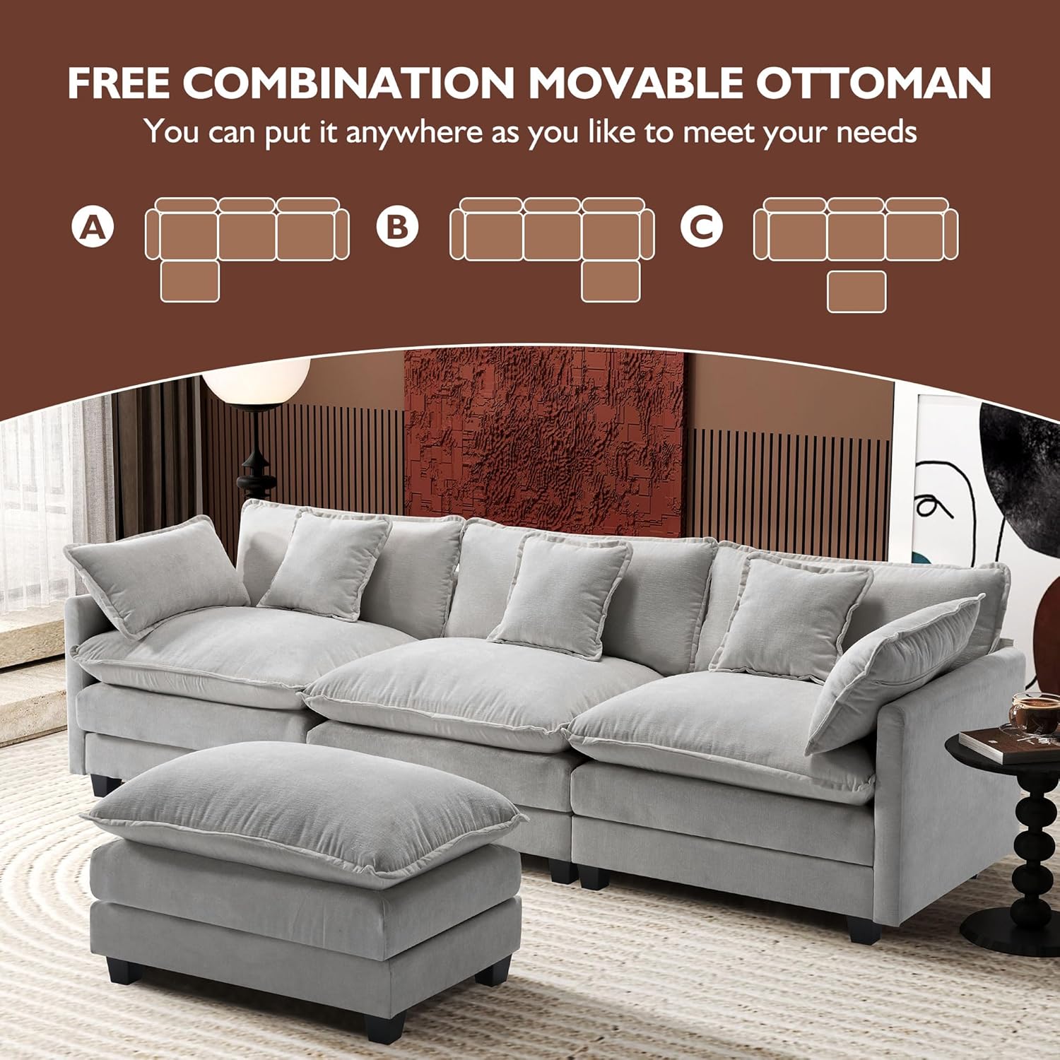 Ihanherry U Shaped Modular Cloud Sofa 5 Seat Chenille Sectional with Ottoman