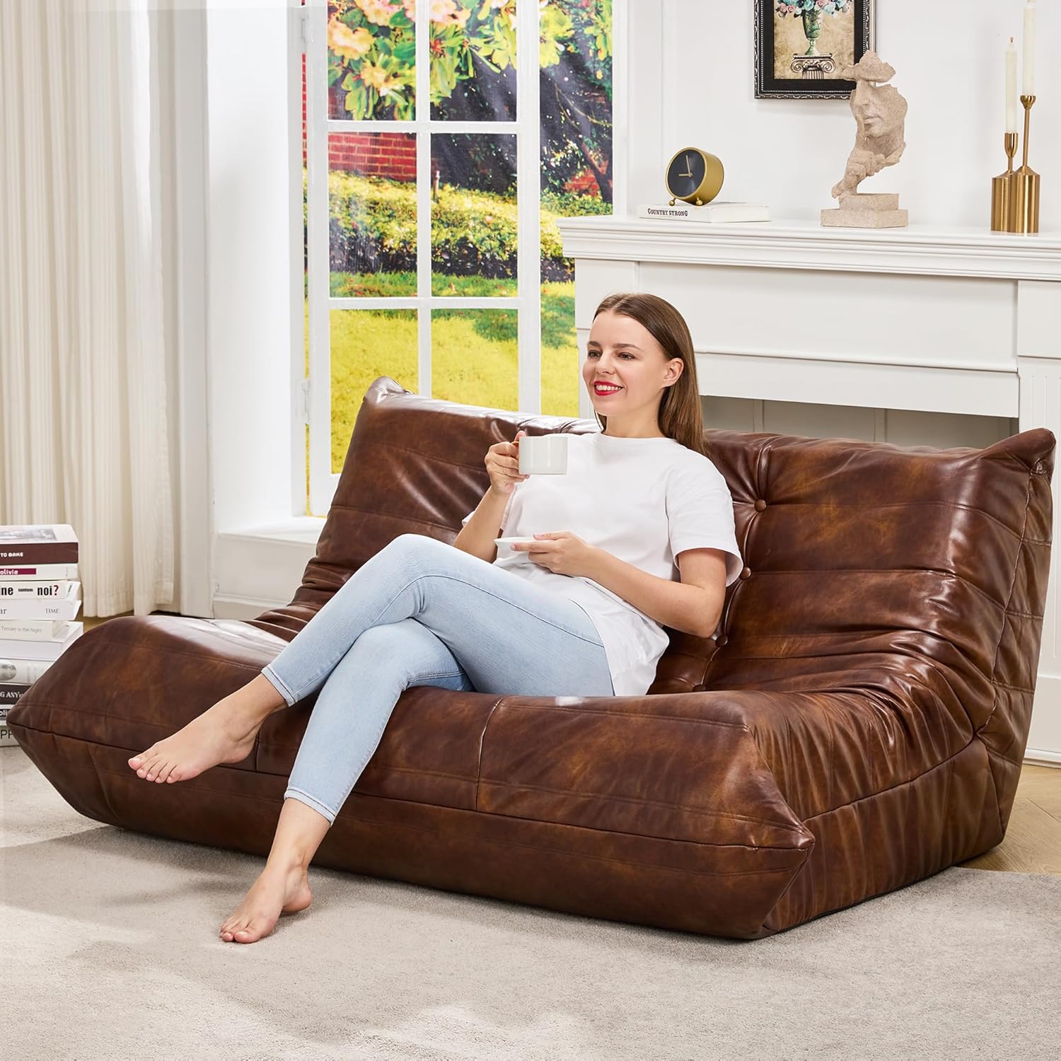 Hobestluk Giant Bean Bag Chair Memory Foam Faux Leather Floor Sofa for Adults