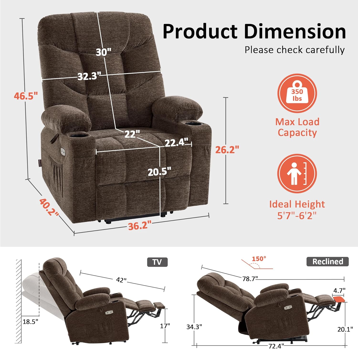 MCombo Power Lift Recliner Chair for Elderly with Extended Footrest Fabric