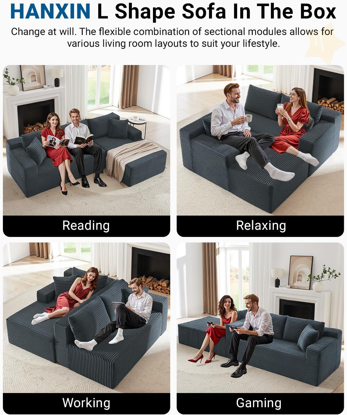 HANXIN Cloud Sectional Sofa L Shape Chaise Deep Seat Modular Living Room Couch