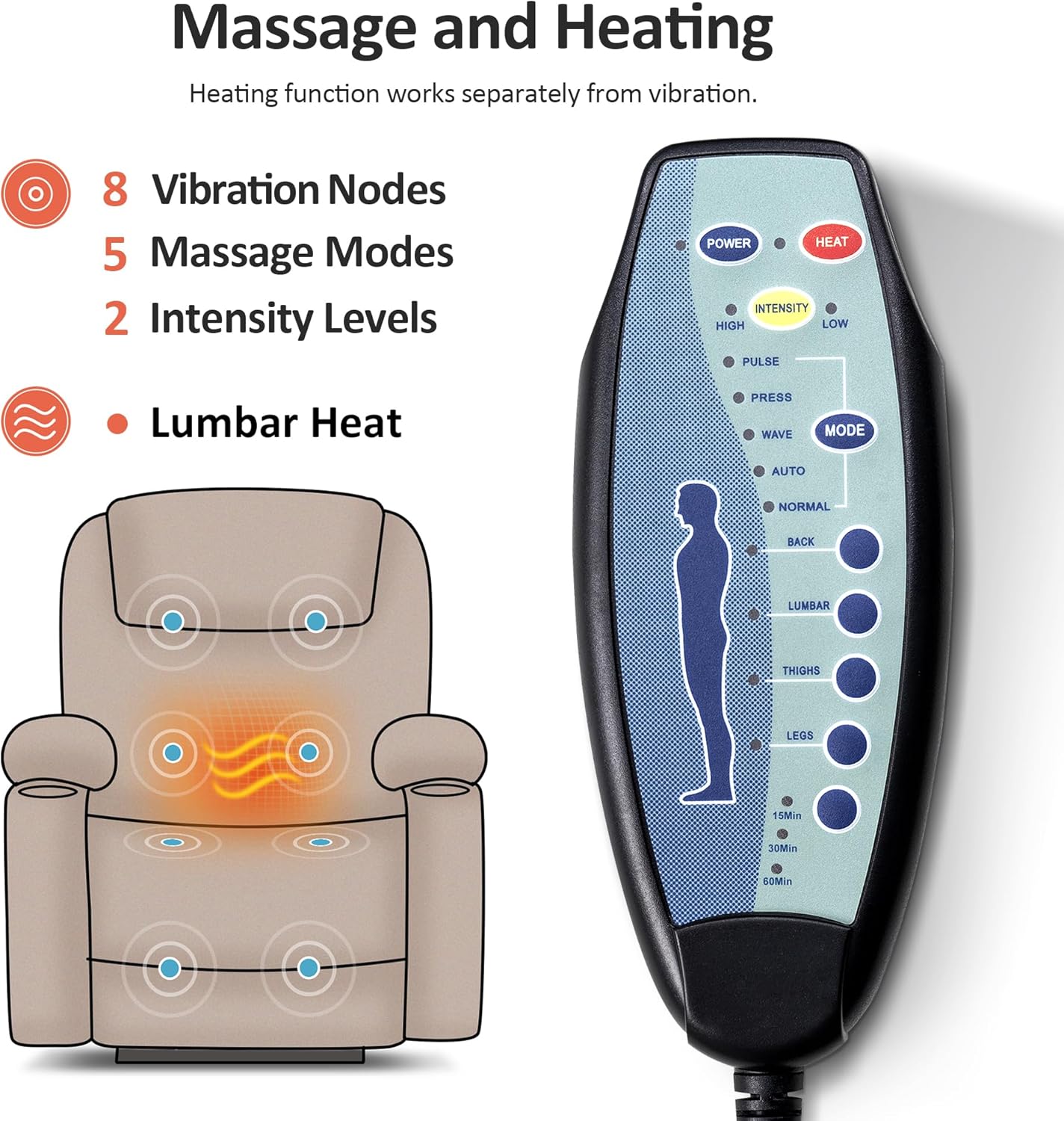MCombo Electric Power Lift Recliner Massage Heat Chair for Elderly 3 Positions 2 Pockets USB