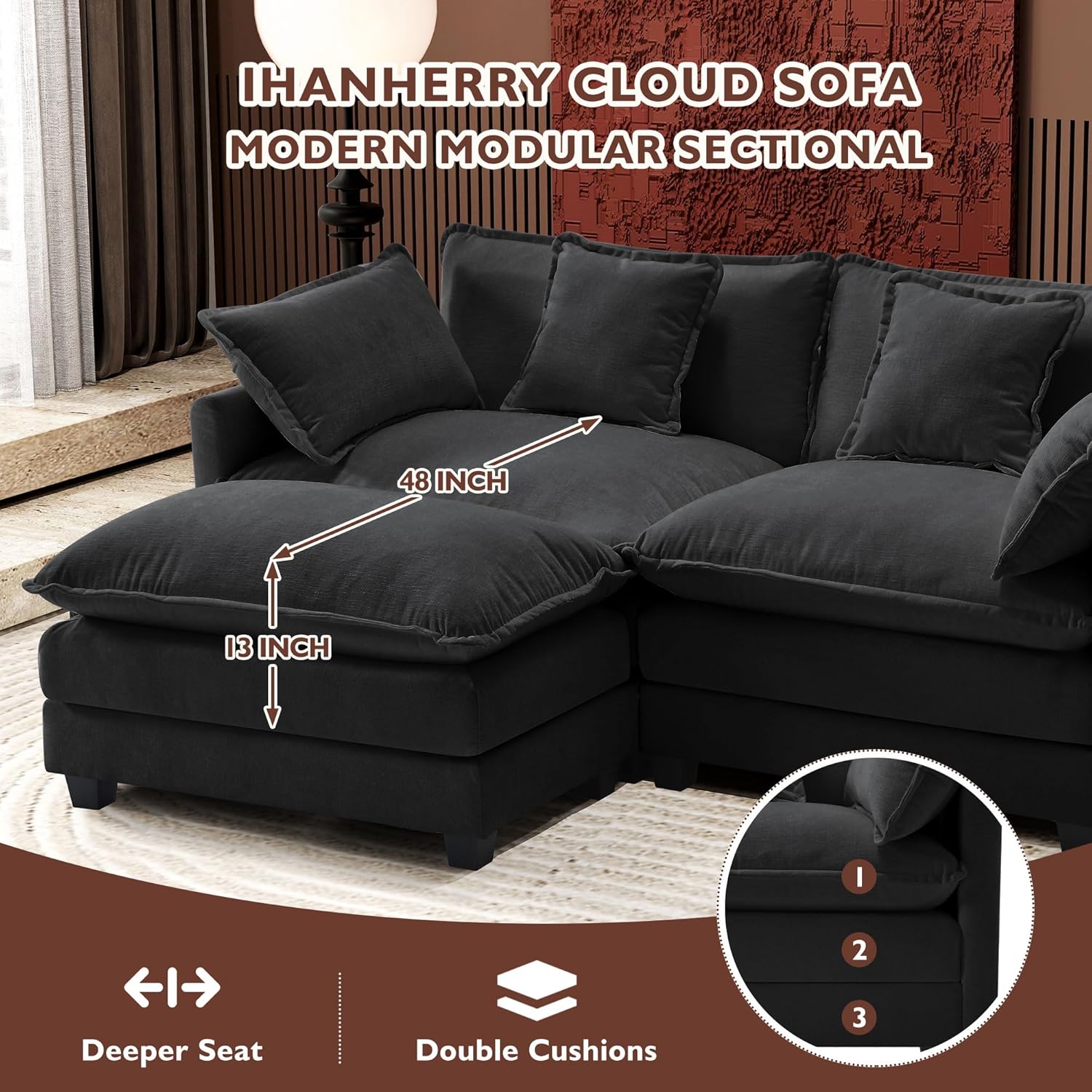 Ihanherry U Shaped Modular Cloud Sofa 5 Seat Chenille Sectional with Ottoman