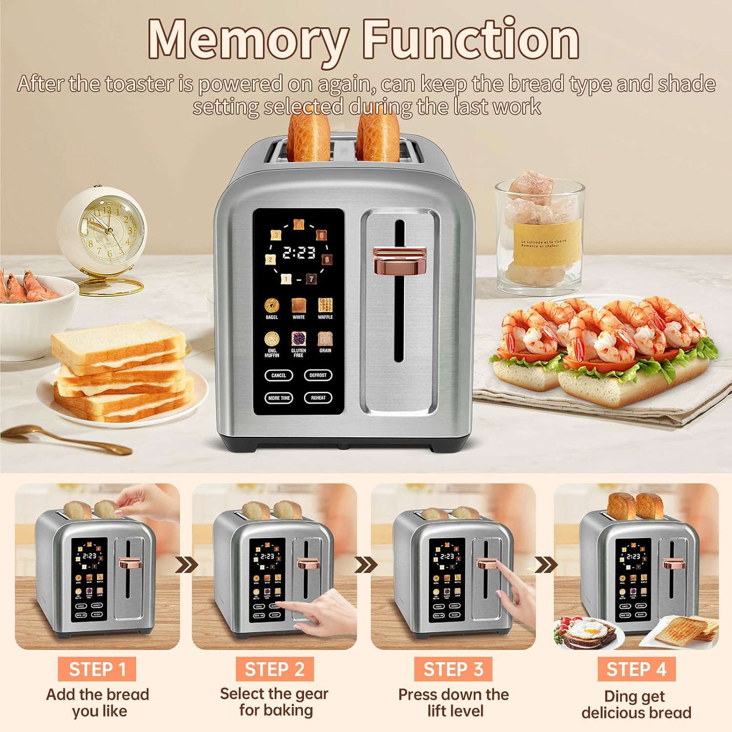 SEEDEEM 4 Slice Touch Screen Toaster LCD Display 7 Shade Settings Wide Slots 1800W