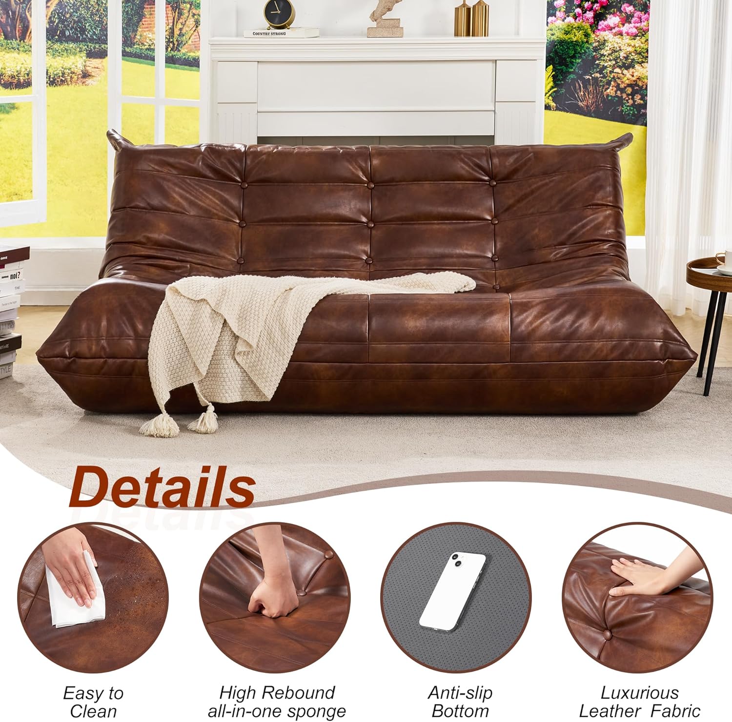 Hobestluk Giant Bean Bag Chair Memory Foam Faux Leather Floor Sofa for Adults