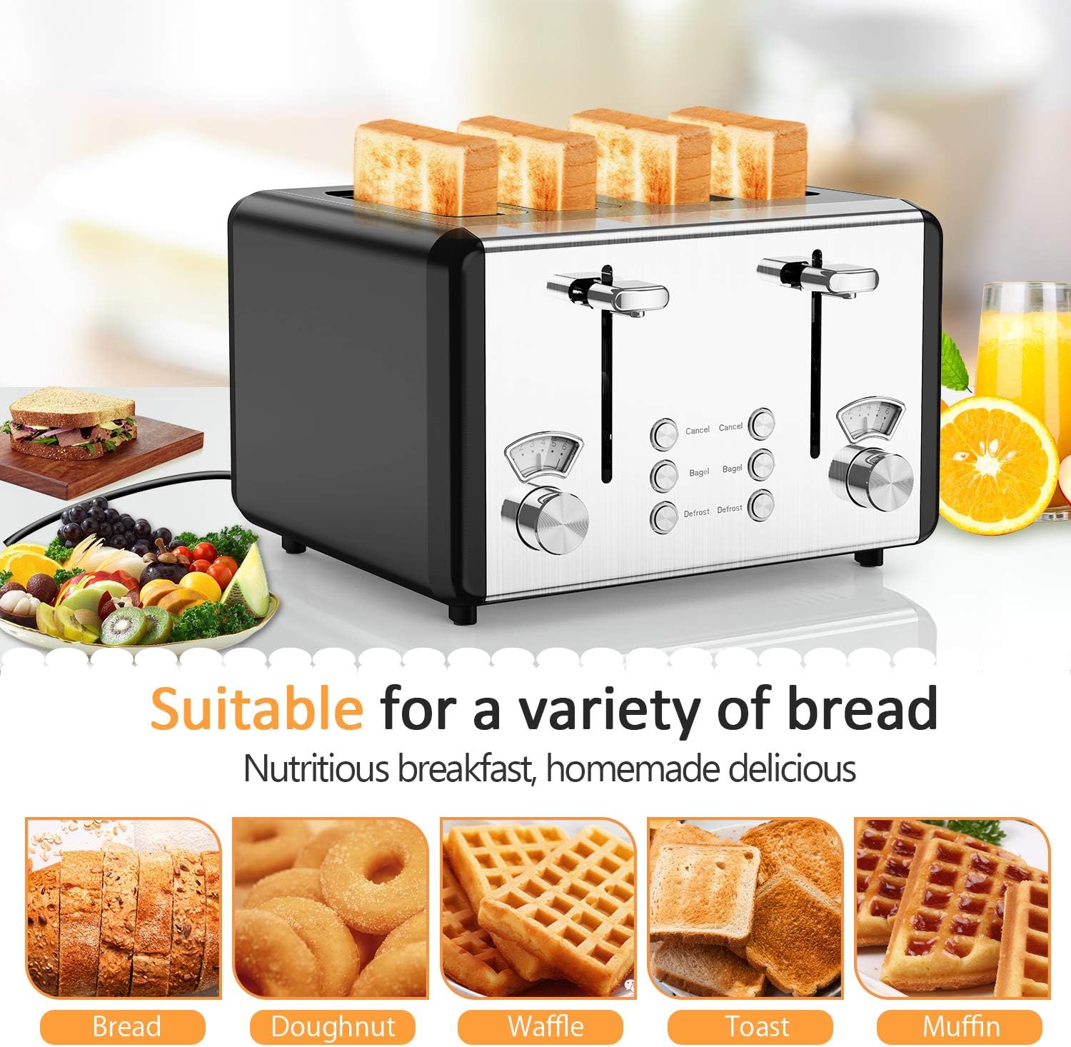 whall Digital Touch Screen Toaster 4 Slice Stainless Steel Dual Control Wide Slots