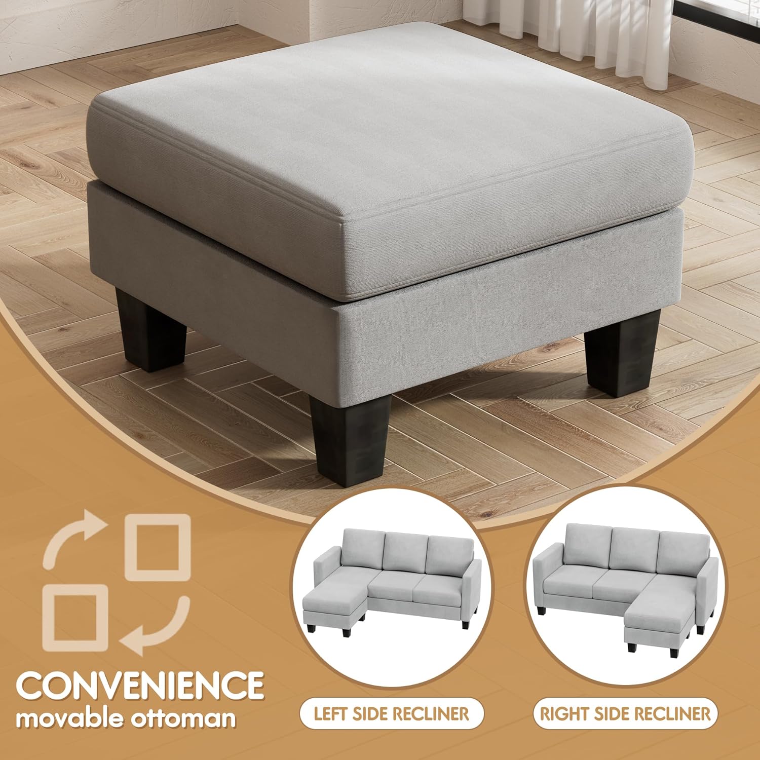 VICTONE Convertible L Shaped Sectional Sofa Couch 3 Seat with Ottoman