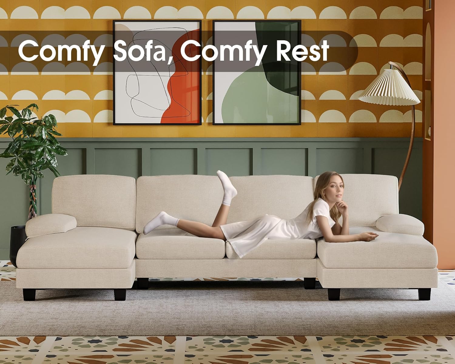 Furmax U-Shaped Sectional Sofa Couch 4 Seat Linen Fabric Double Chaise