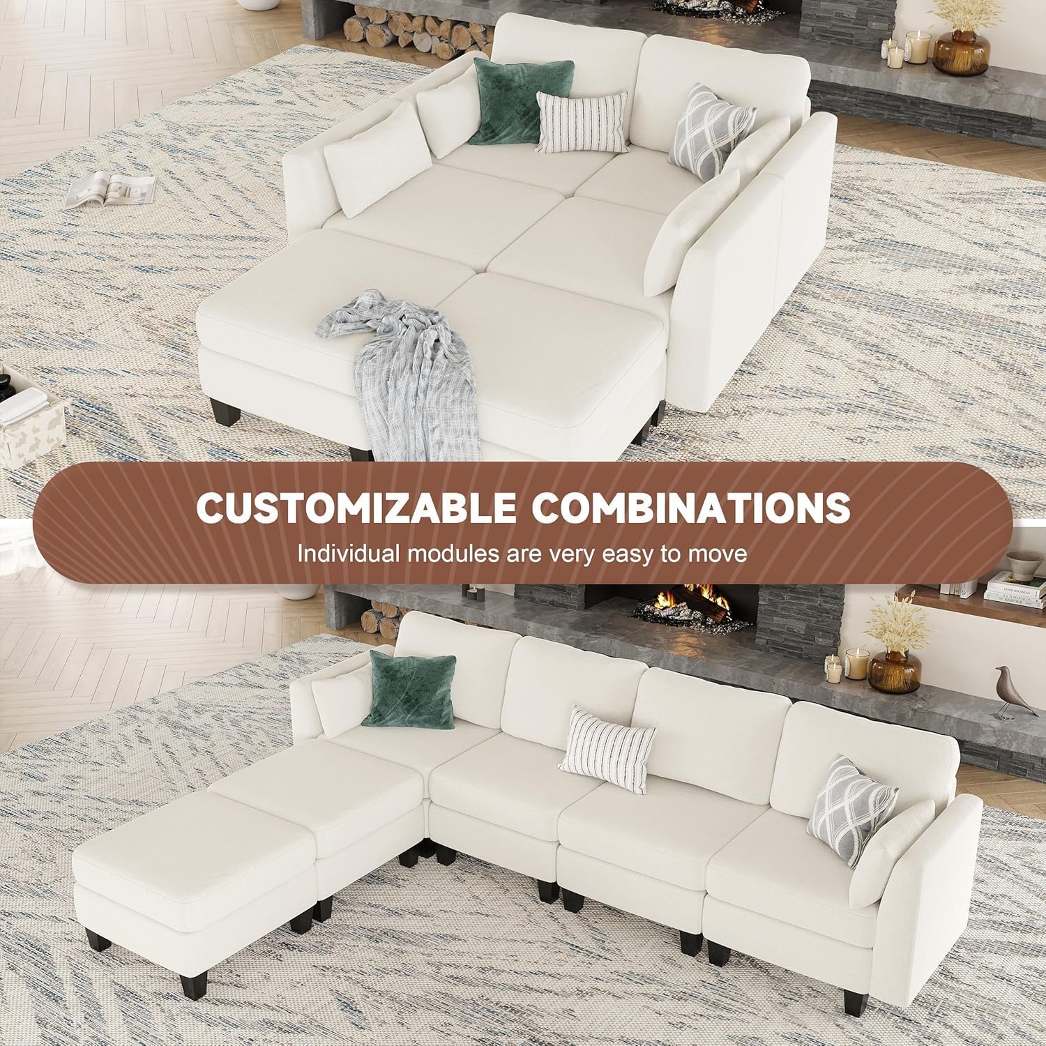 Huatean Home Modular Sectional Sofa U Shaped Couch 6 Seat Convertible High Density Foam
