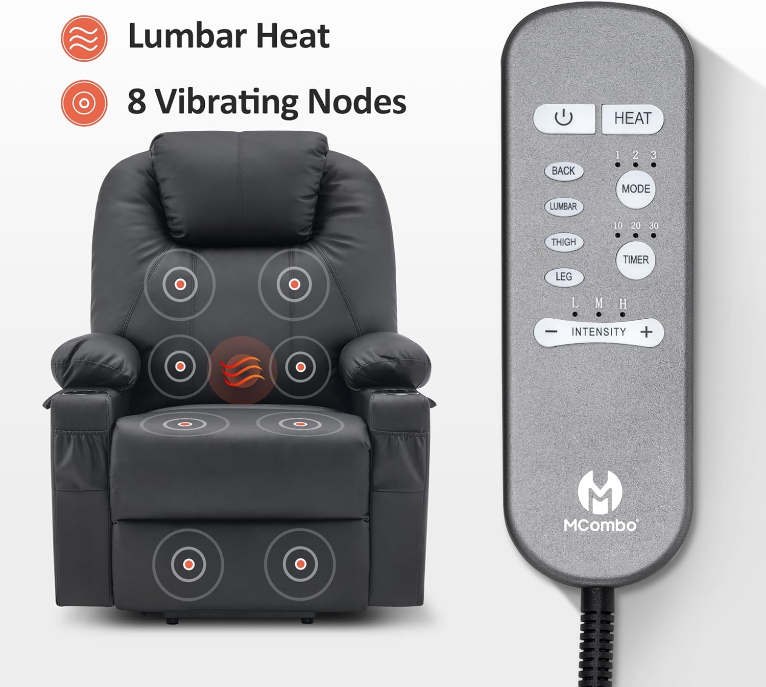 MCombo Electric Power Lift Recliner Massage Heat Chair for Elderly 3 Positions 2 Pockets USB