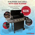 Cuisinart 4 Burner Propane Gas Grill Portable BBQ with Lid Wheels Side Shelves