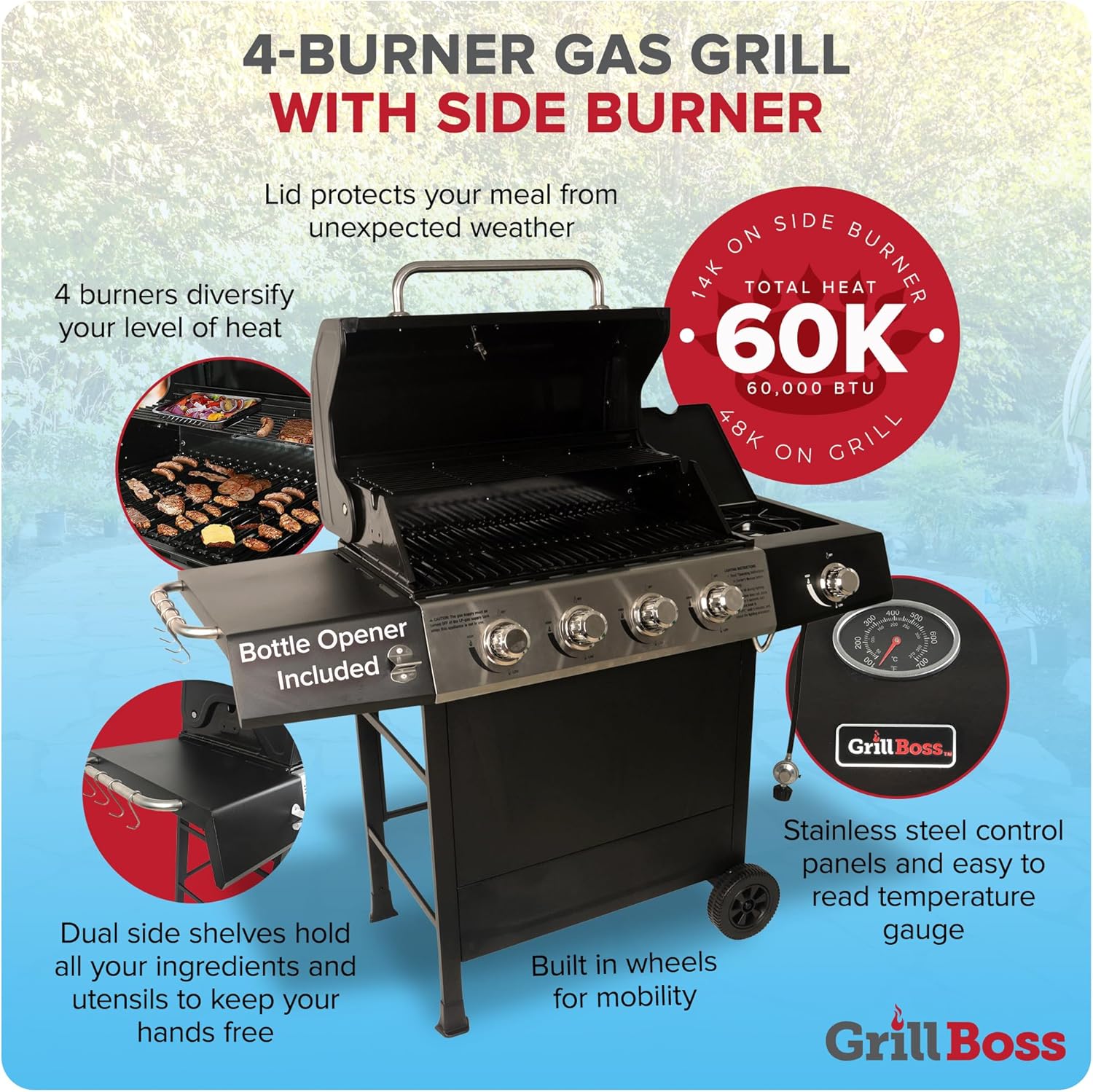 Cuisinart 4 Burner Propane Gas Grill Portable BBQ with Lid Wheels Side Shelves