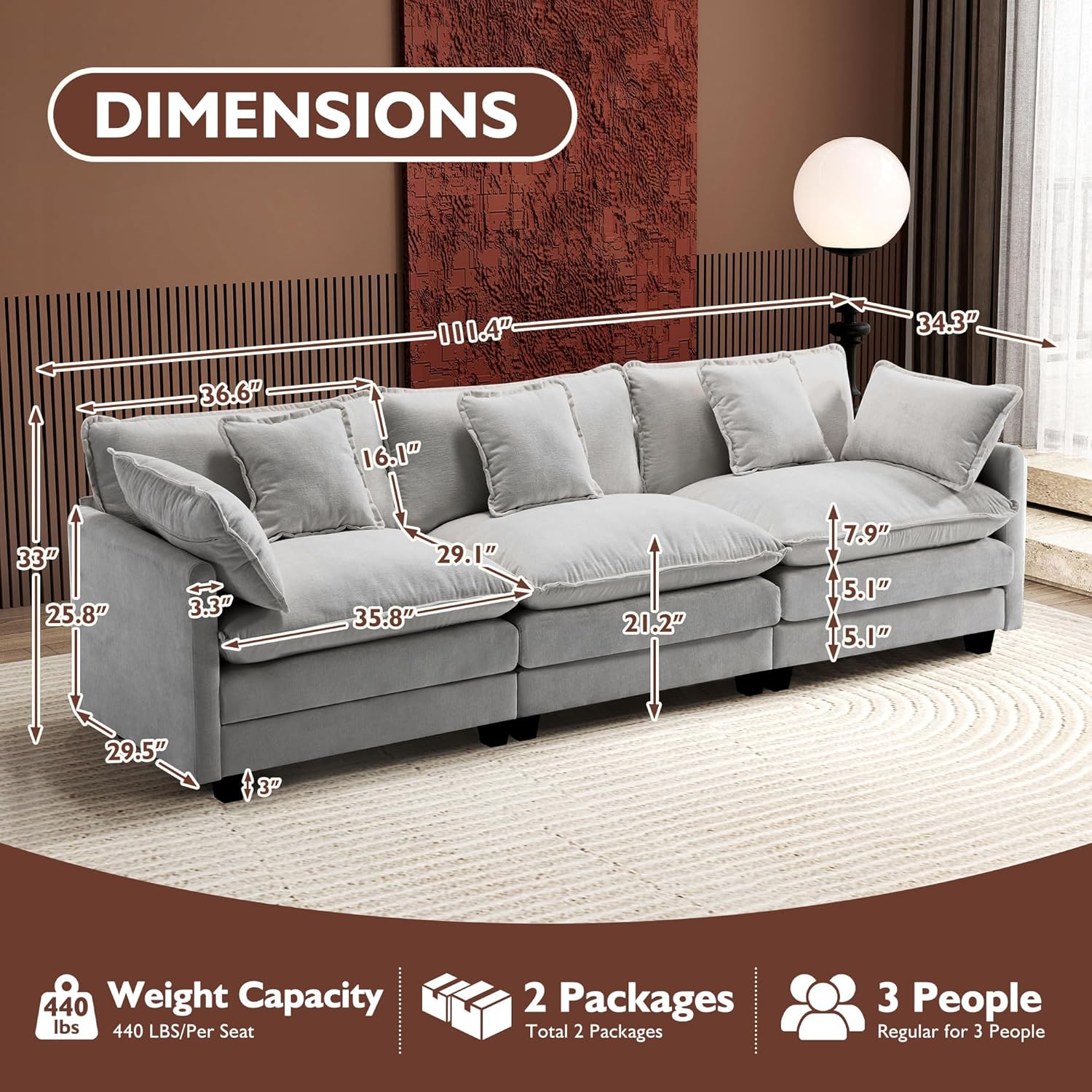 Ihanherry U Shaped Modular Cloud Sofa 5 Seat Chenille Sectional with Ottoman
