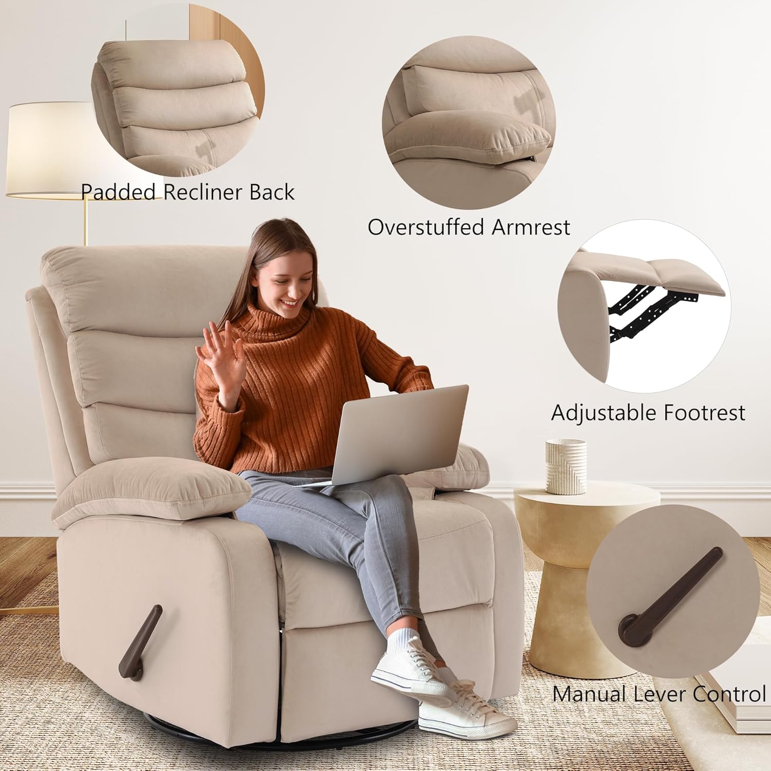 GNMLP2020 Swivel Rocker Recliner Chair Manual Small Space Nursery Living Room