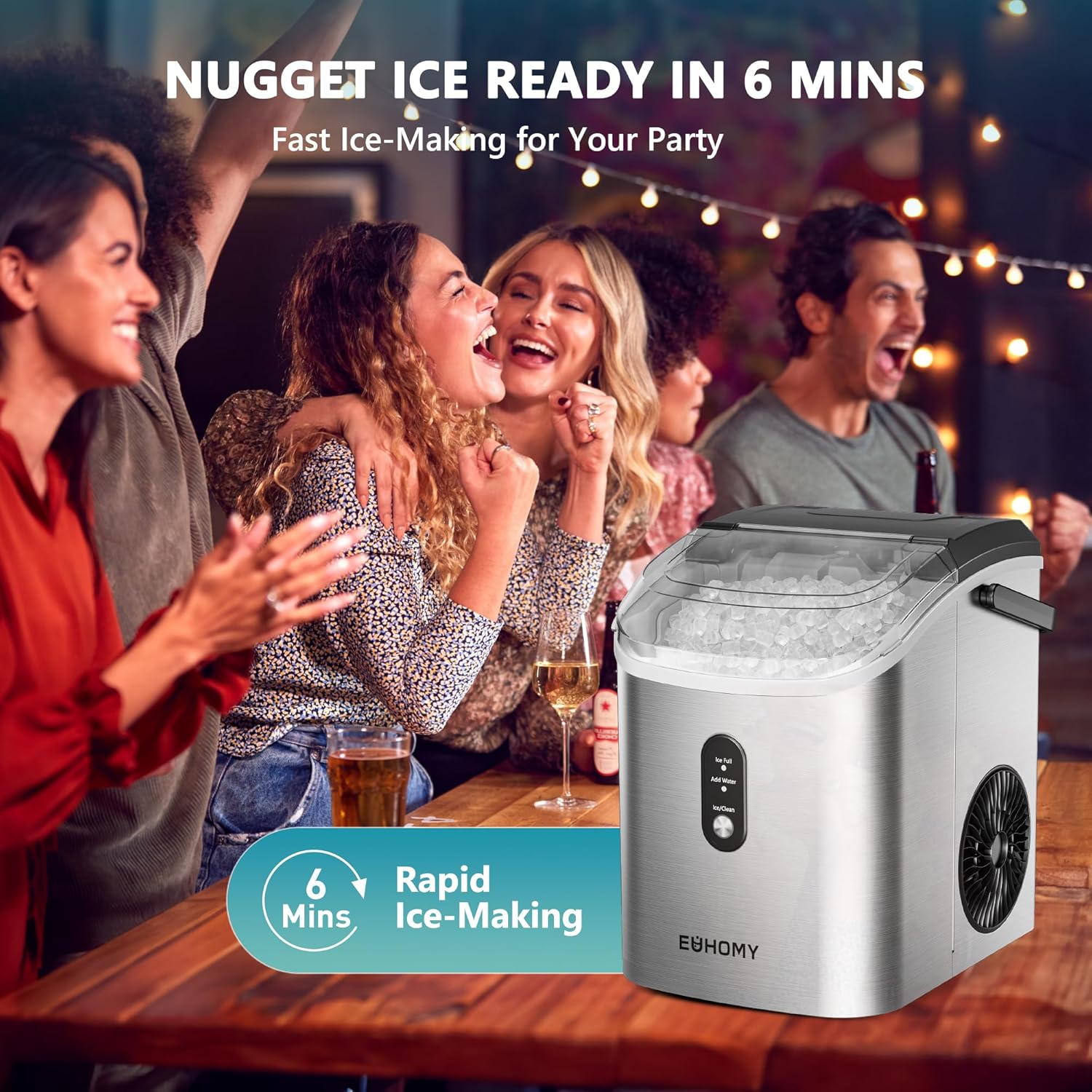 EUHOMY Nugget Ice Maker Countertop Portable 34lbs Daily with Handle