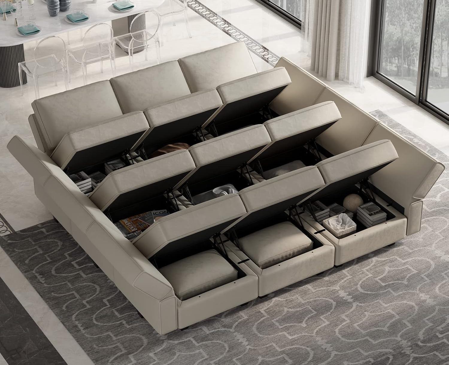 Belffin Reversible Modular Sectional Sofa with Ottomans Velvet Sleeper Chaise Bed Storage Seat Black