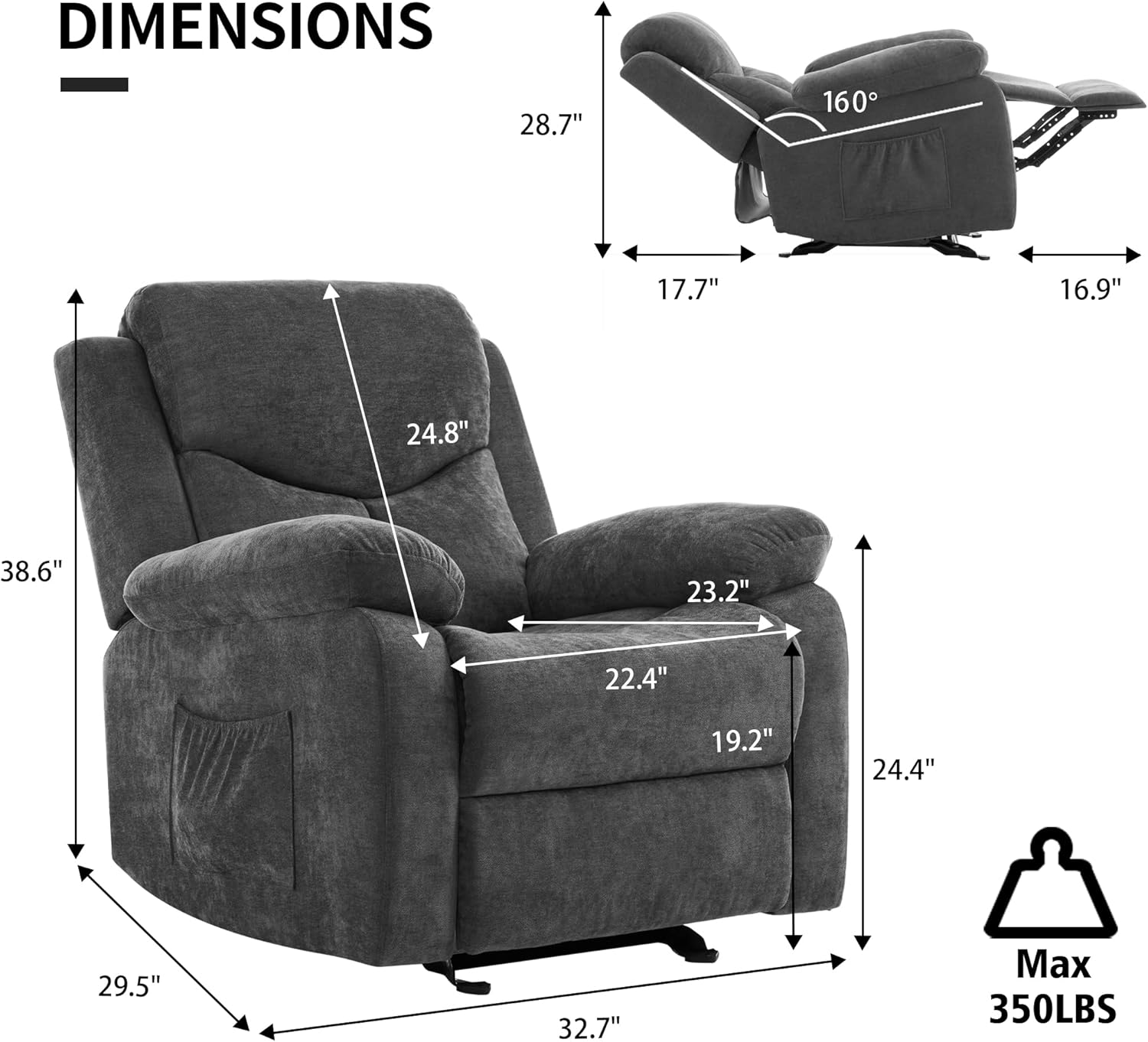 Sftaiyou Manual Rocker Recliner Chair Massage Fabric Overstuffed Soft Recliner