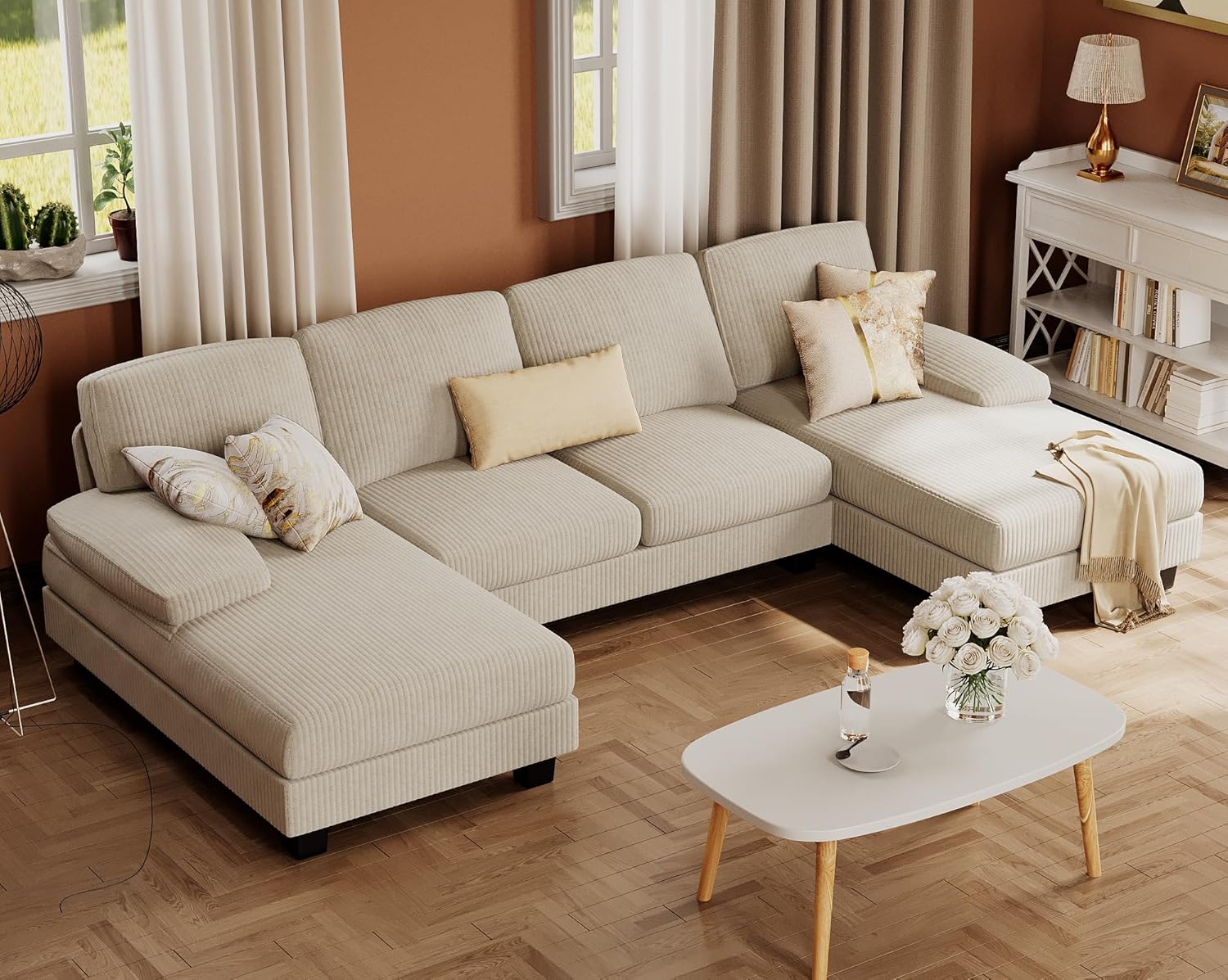 Furmax U-Shaped Sectional Sofa Couch 4 Seat Linen Fabric Double Chaise