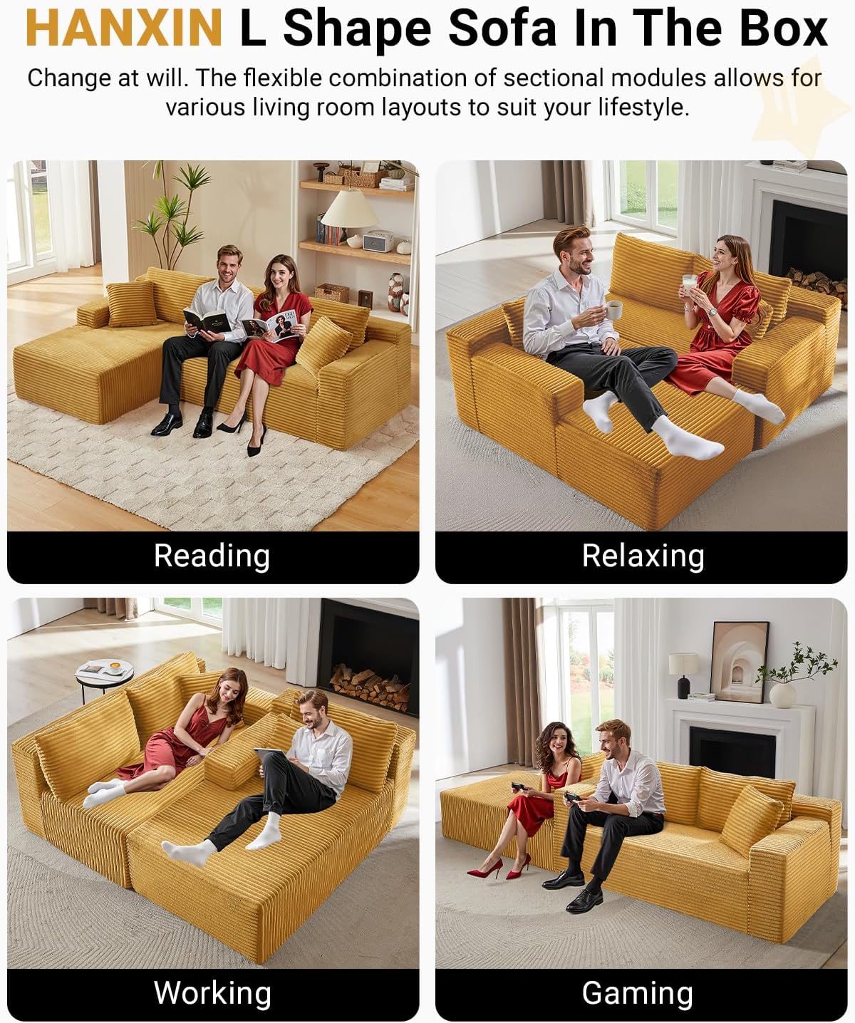 HANXIN Cloud Sectional Sofa L Shape Chaise Deep Seat Modular Living Room Couch