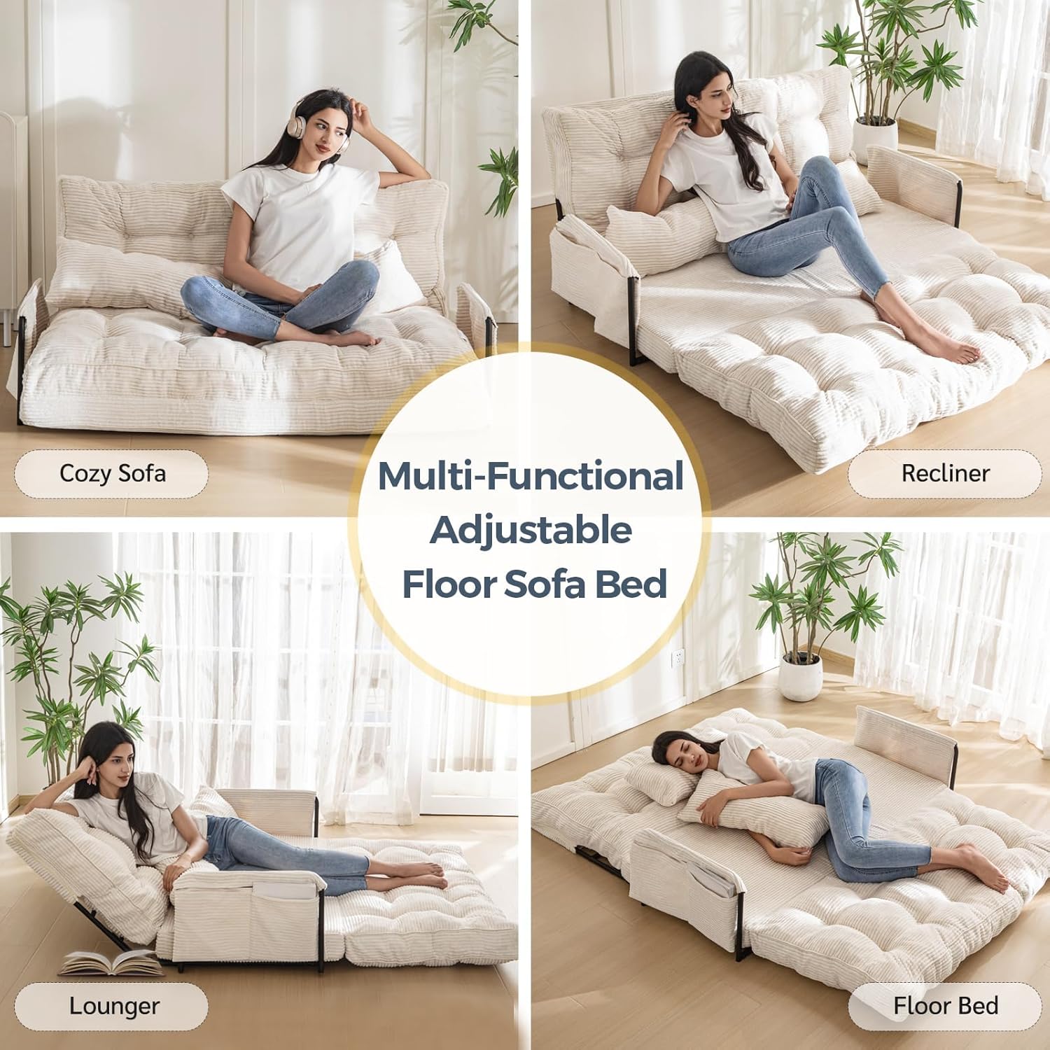 MAXYOYO Adjustable Floor Sofa Bed with Armrest Double Black Foldable Sleeper