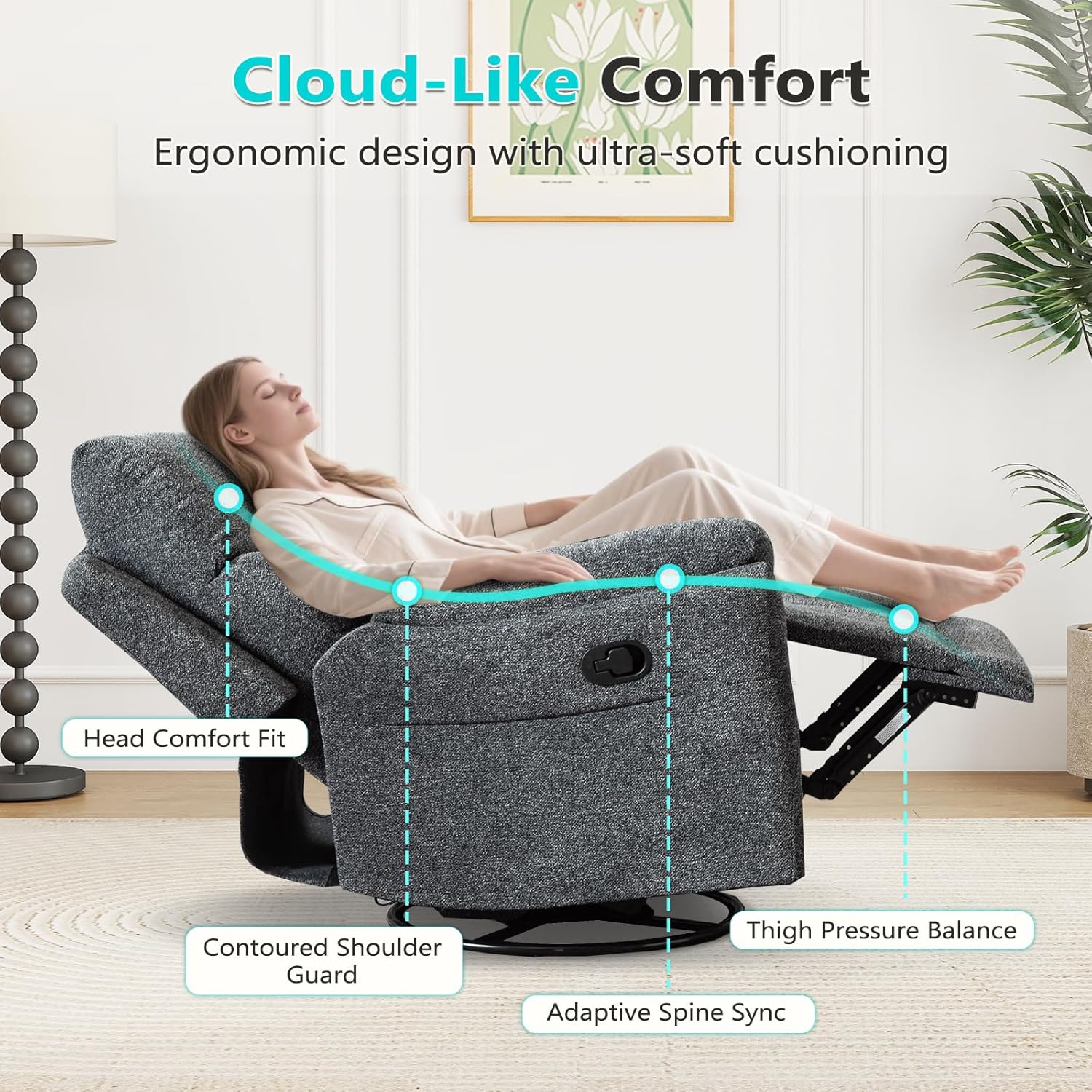ANJ Swivel Rocker Recliner Chair Manual Fabric Small Space