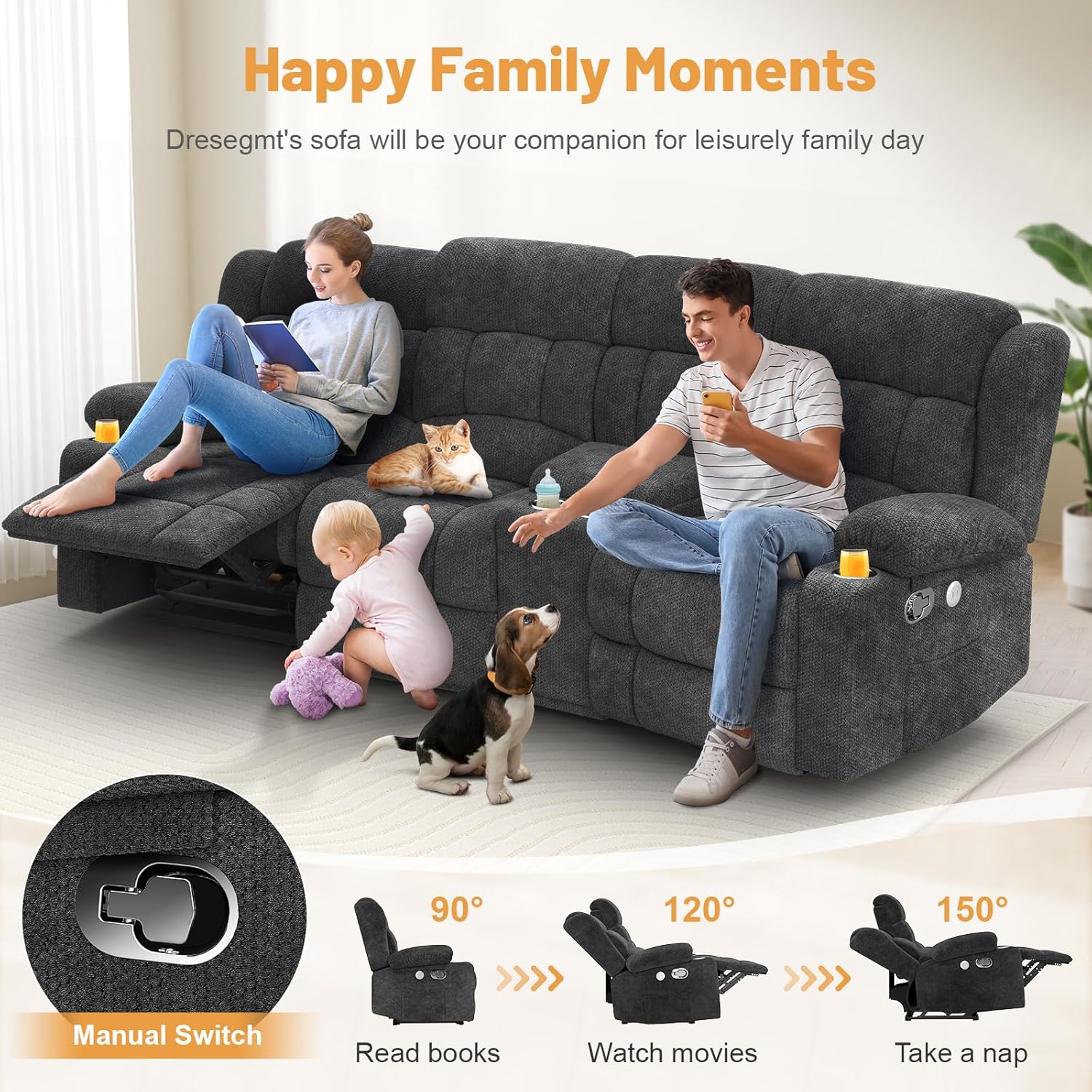 Dresegmt Loveseat Recliner Sofa 3 Seat Flip Backrest with Storage USB Cup Holders
