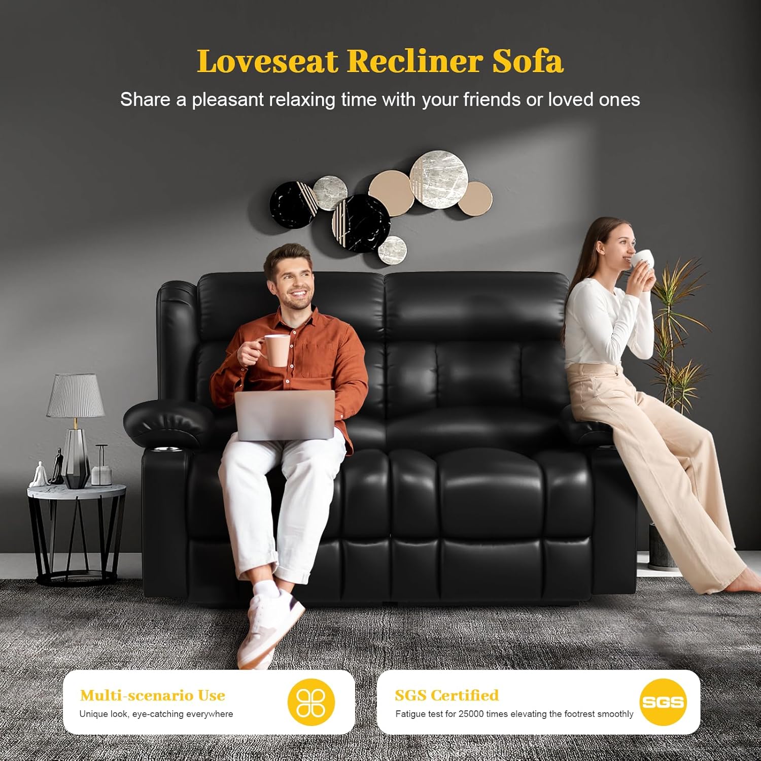 FURNIMAT Loveseat Recliner Sofa 2 Seater PU Leather Couch with USB Cup Holders