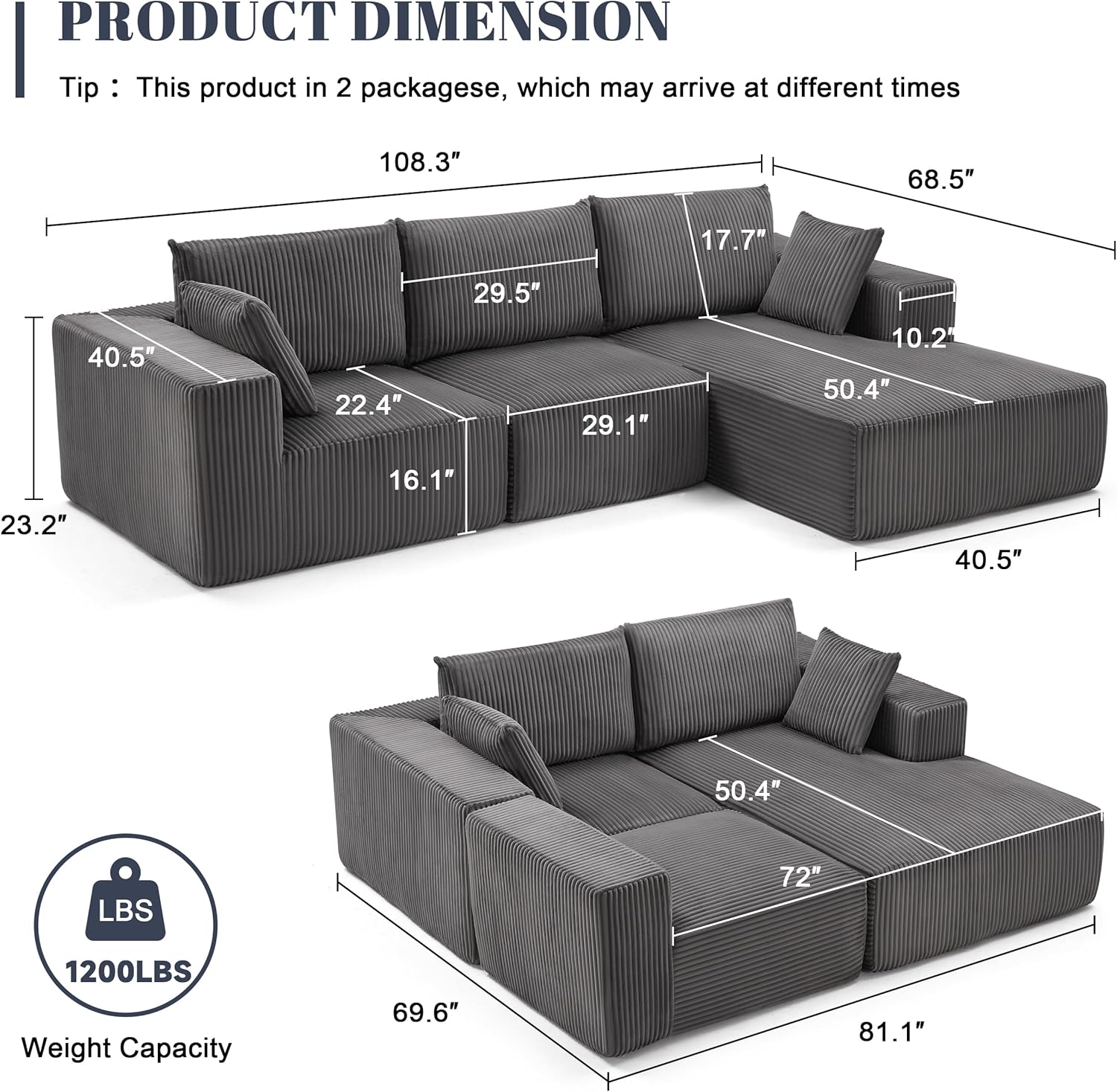 Weture 108" Modular Sectional Sofa Deep Seat Cloud L-Shape Couch with Chaise