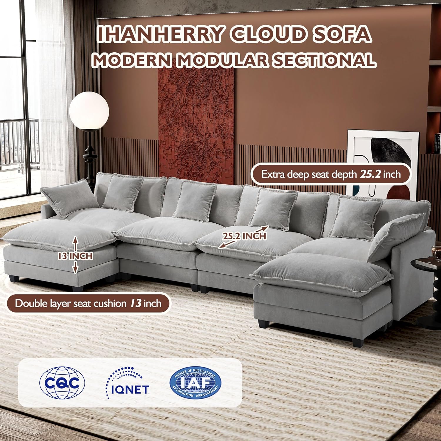 Ihanherry U Shaped Modular Cloud Sofa 5 Seat Chenille Sectional with Ottoman