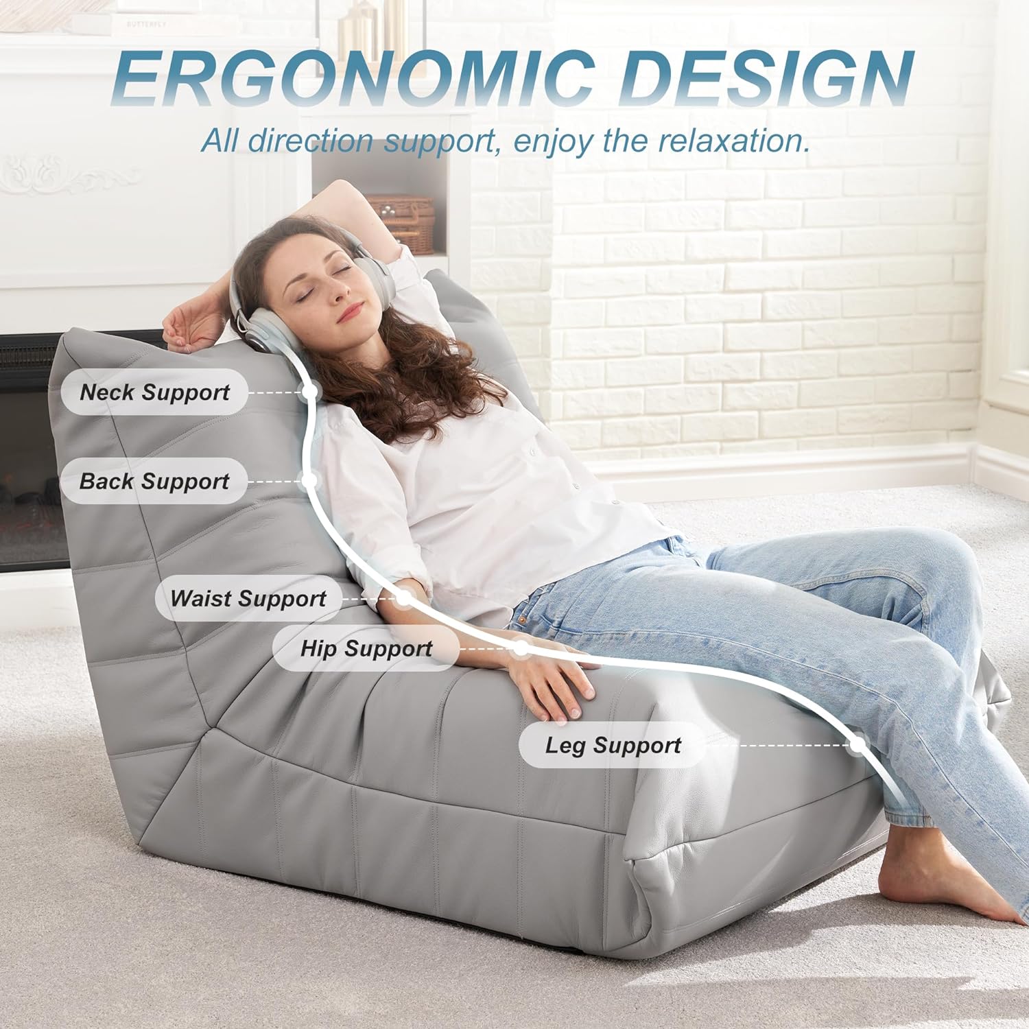 Hobestluk Giant Bean Bag Chair Memory Foam Faux Leather Floor Sofa for Adults