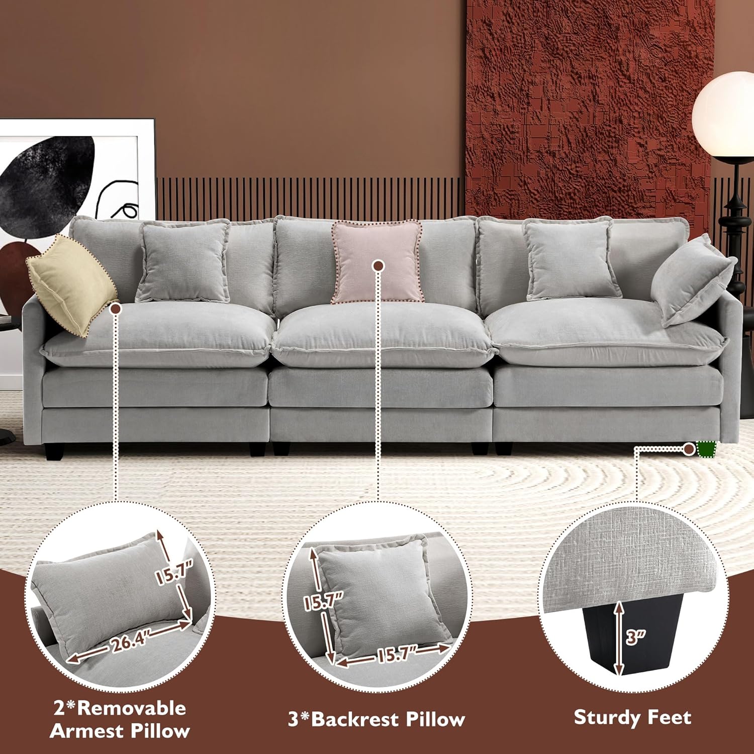 Ihanherry U Shaped Modular Cloud Sofa 5 Seat Chenille Sectional with Ottoman