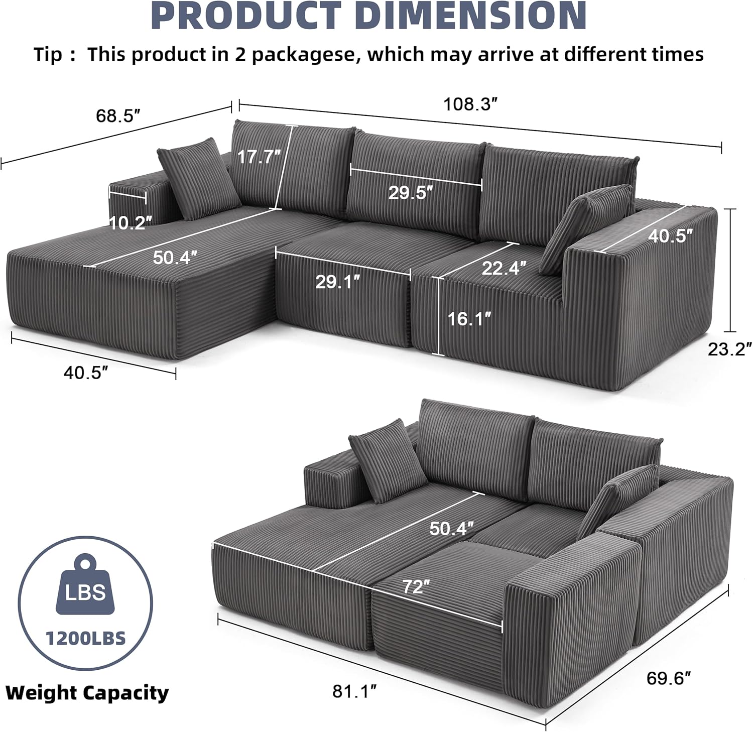 Weture 108" Modular Sectional Sofa Deep Seat Cloud L-Shape Couch with Chaise