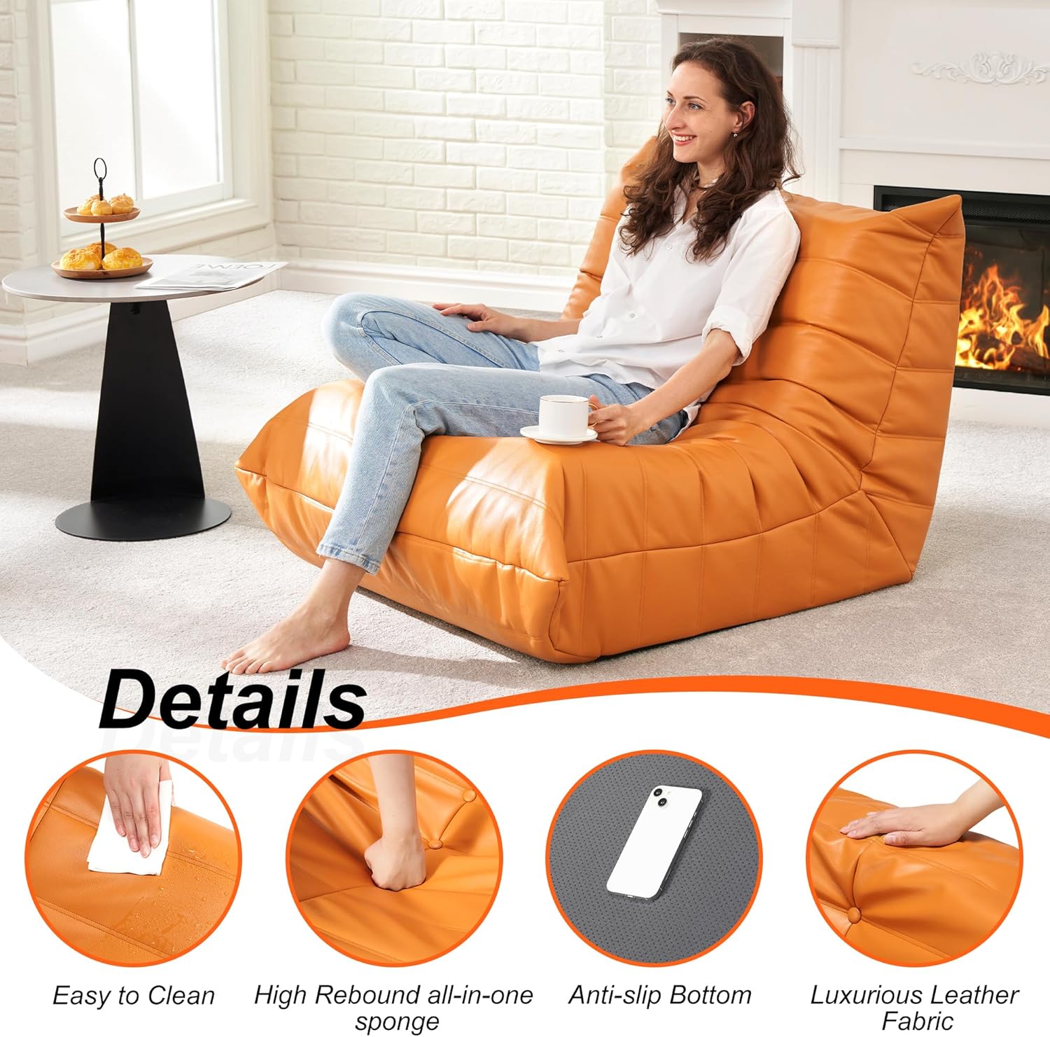 Hobestluk Giant Bean Bag Chair Memory Foam Faux Leather Floor Sofa for Adults