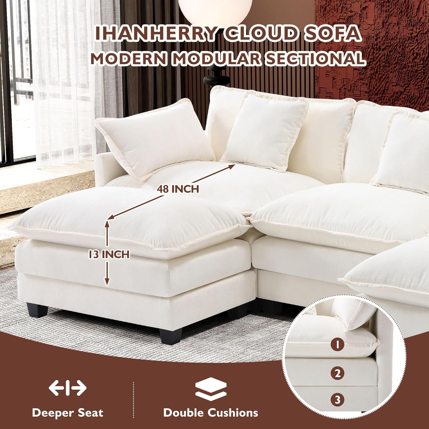 Ihanherry U Shaped Modular Cloud Sofa 5 Seat Chenille Sectional with Ottoman