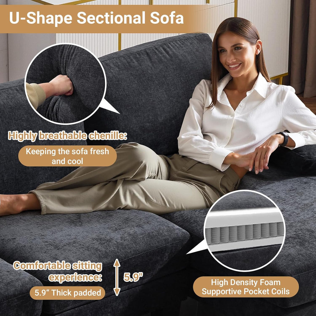 VINGLI 110 Sectional Couch U Shaped Sofa Set with Double Chaise Chenille Fabric