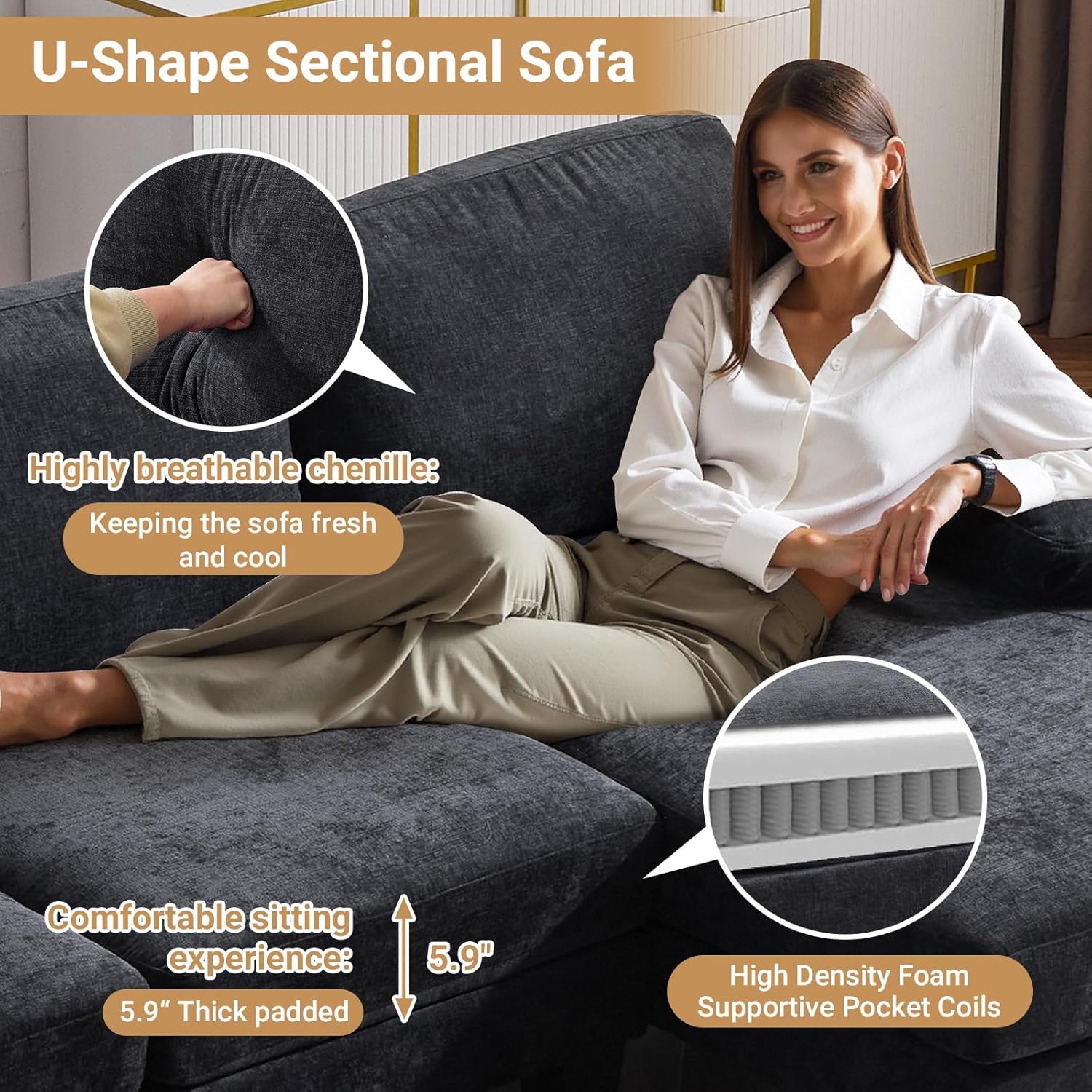 VINGLI 110 Sectional Couch U Shaped Sofa Set with Double Chaise Chenille Fabric