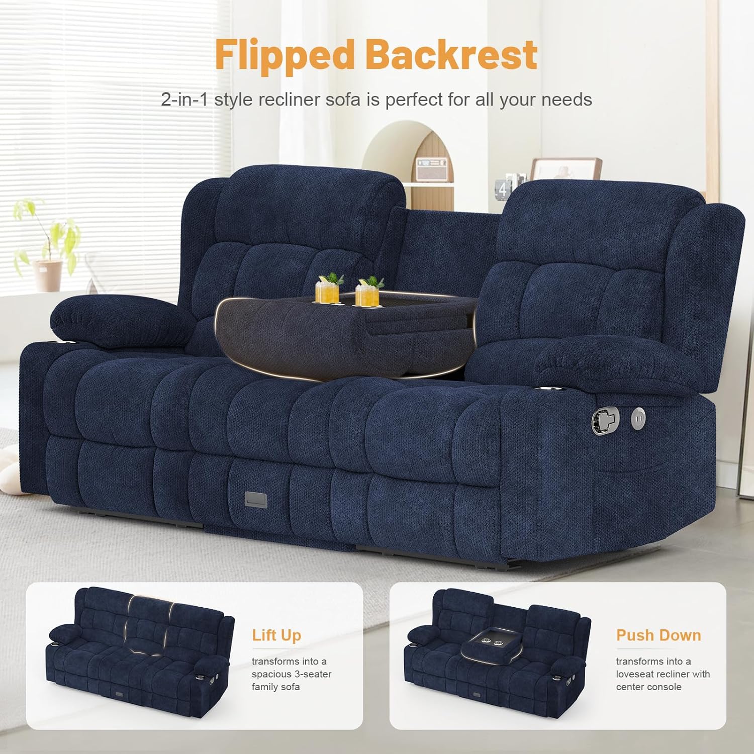Dresegmt Loveseat Recliner Sofa 3 Seat Flip Backrest with Storage USB Cup Holders