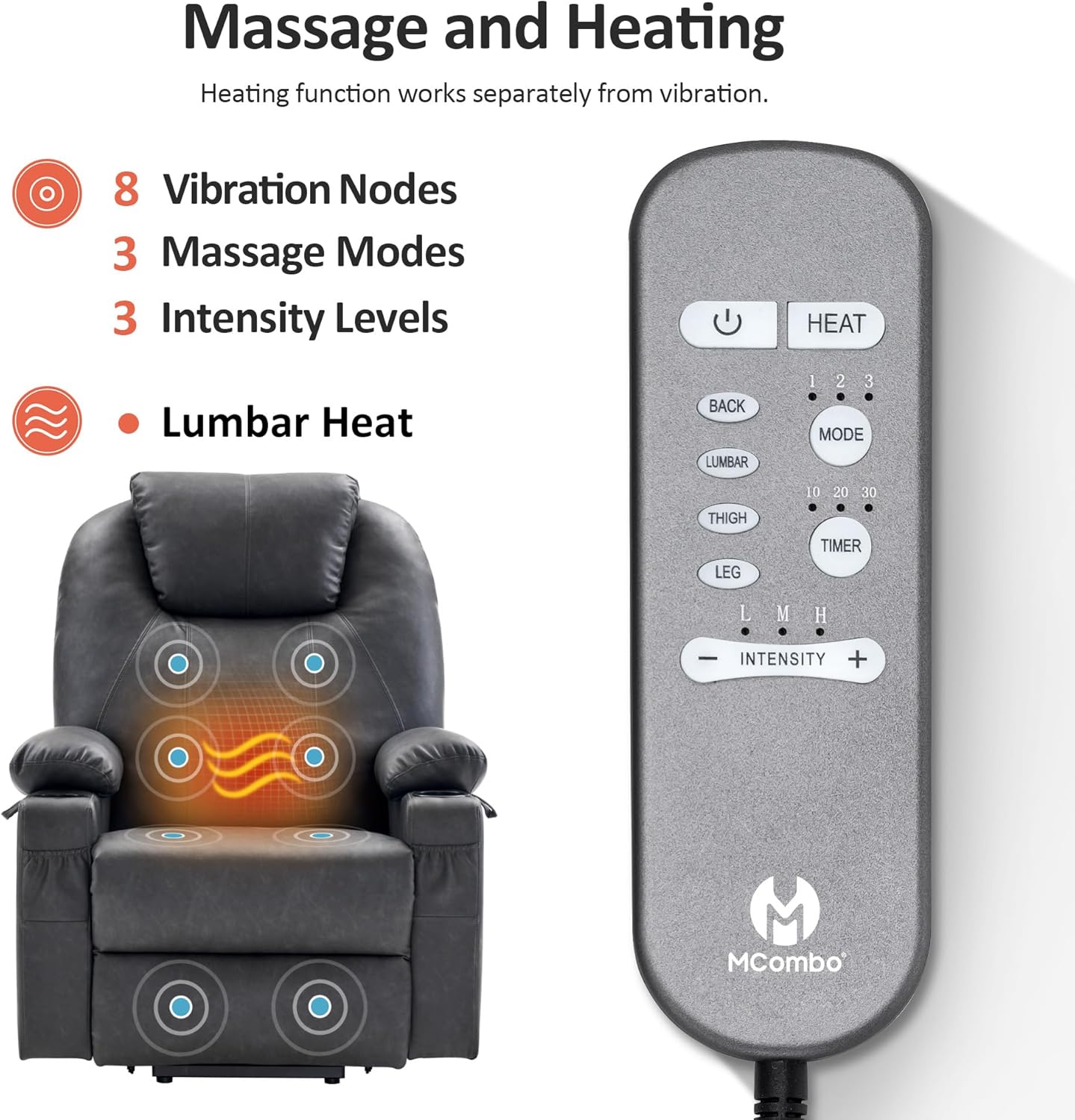 MCombo Electric Power Lift Recliner Massage Heat Chair for Elderly 3 Positions 2 Pockets USB