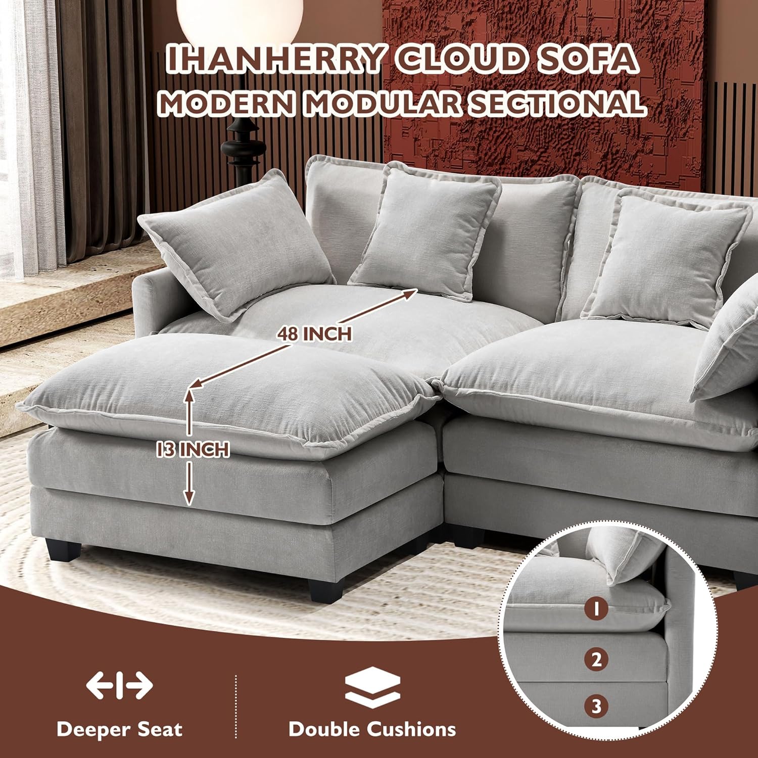 Ihanherry U Shaped Modular Cloud Sofa 5 Seat Chenille Sectional with Ottoman