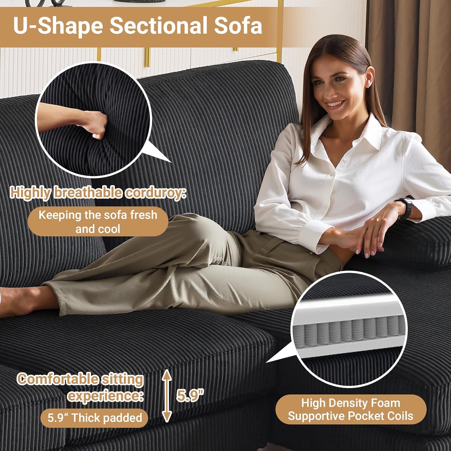 VINGLI 110 Sectional Couch U Shaped Sofa Set with Double Chaise Chenille Fabric